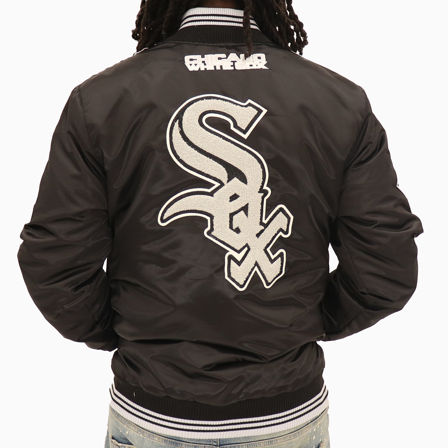Starter Men's Chicago White Sox MLB Varsity Satin Jacket - Color: Black Grey - Tops and Bottoms USA -