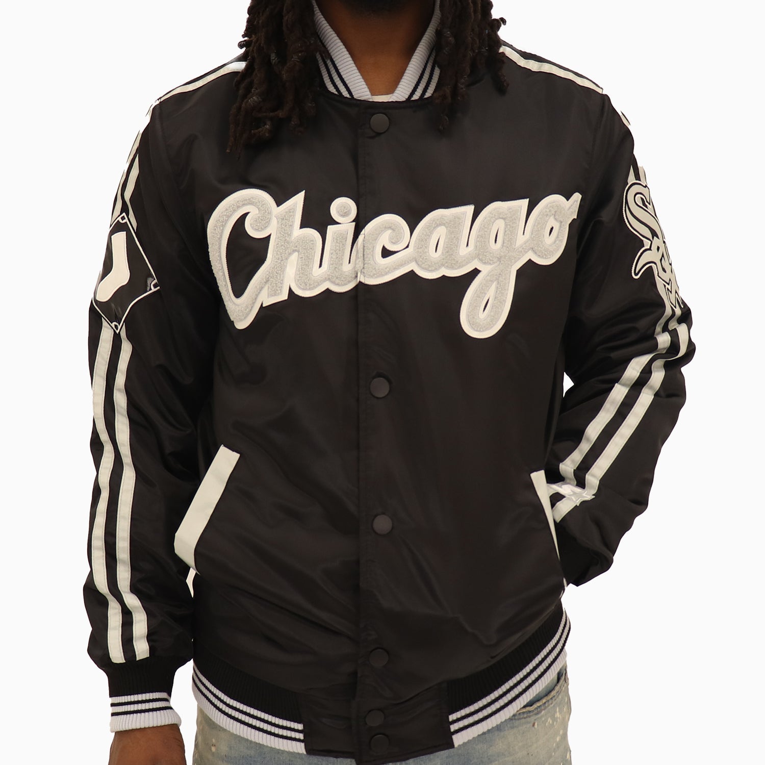 Starter Men's Chicago White Sox MLB Varsity Satin Jacket - Color: Black Grey - Tops and Bottoms USA -