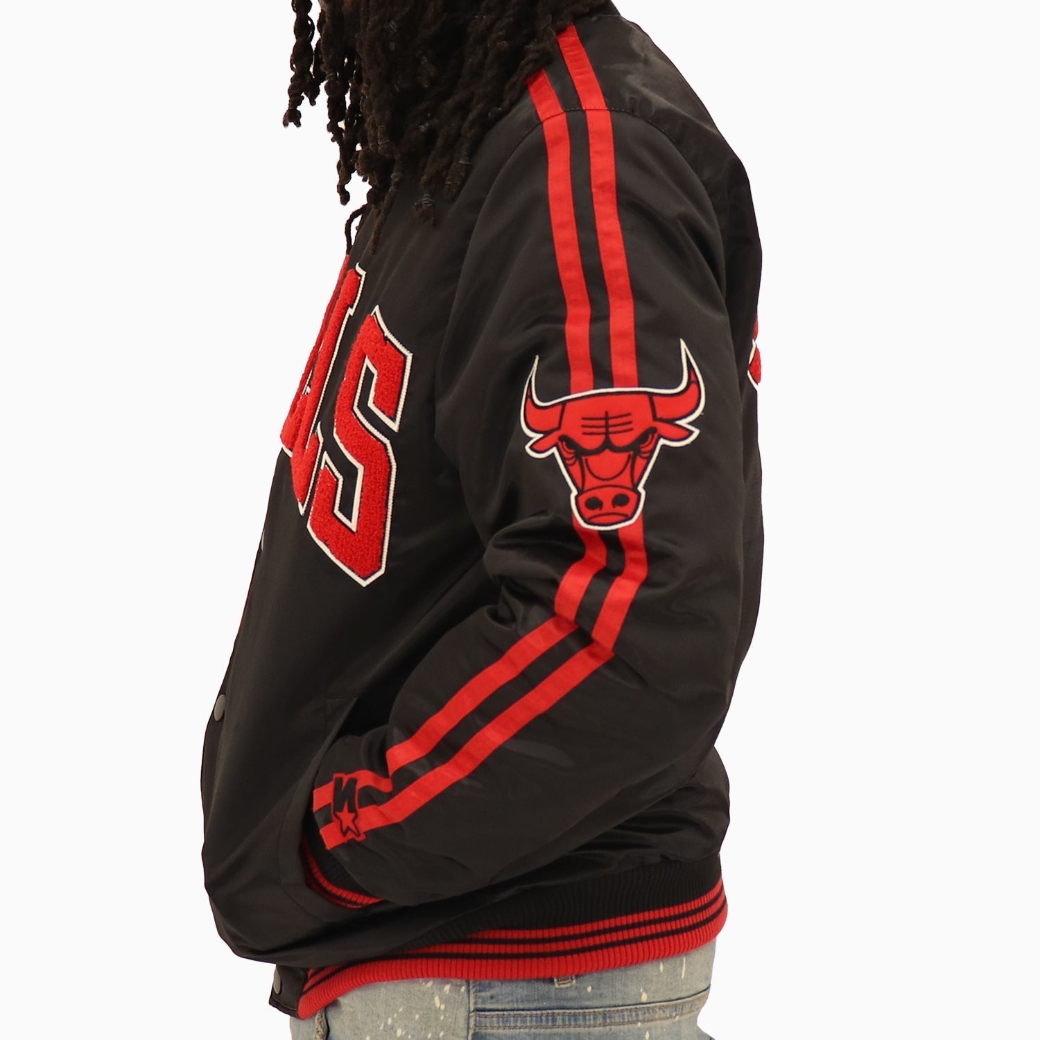 Starter Men’s Chicago Bulls NBA Varsity Satin Jacket - Color: Black - Tops and Bottoms USA -