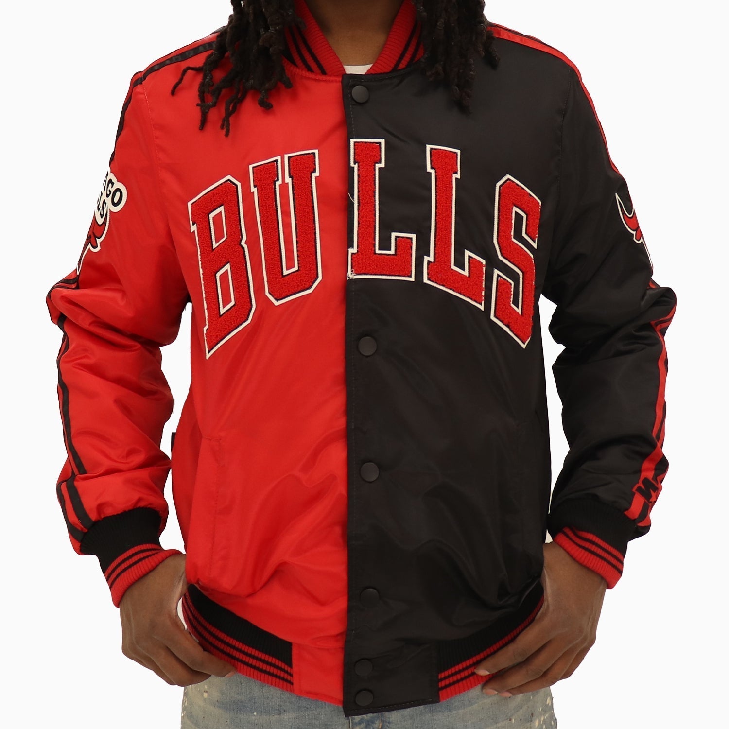 Starter Men’s Chicago Bulls NBA Varsity Satin Jacket - Color: Black - Tops and Bottoms USA -