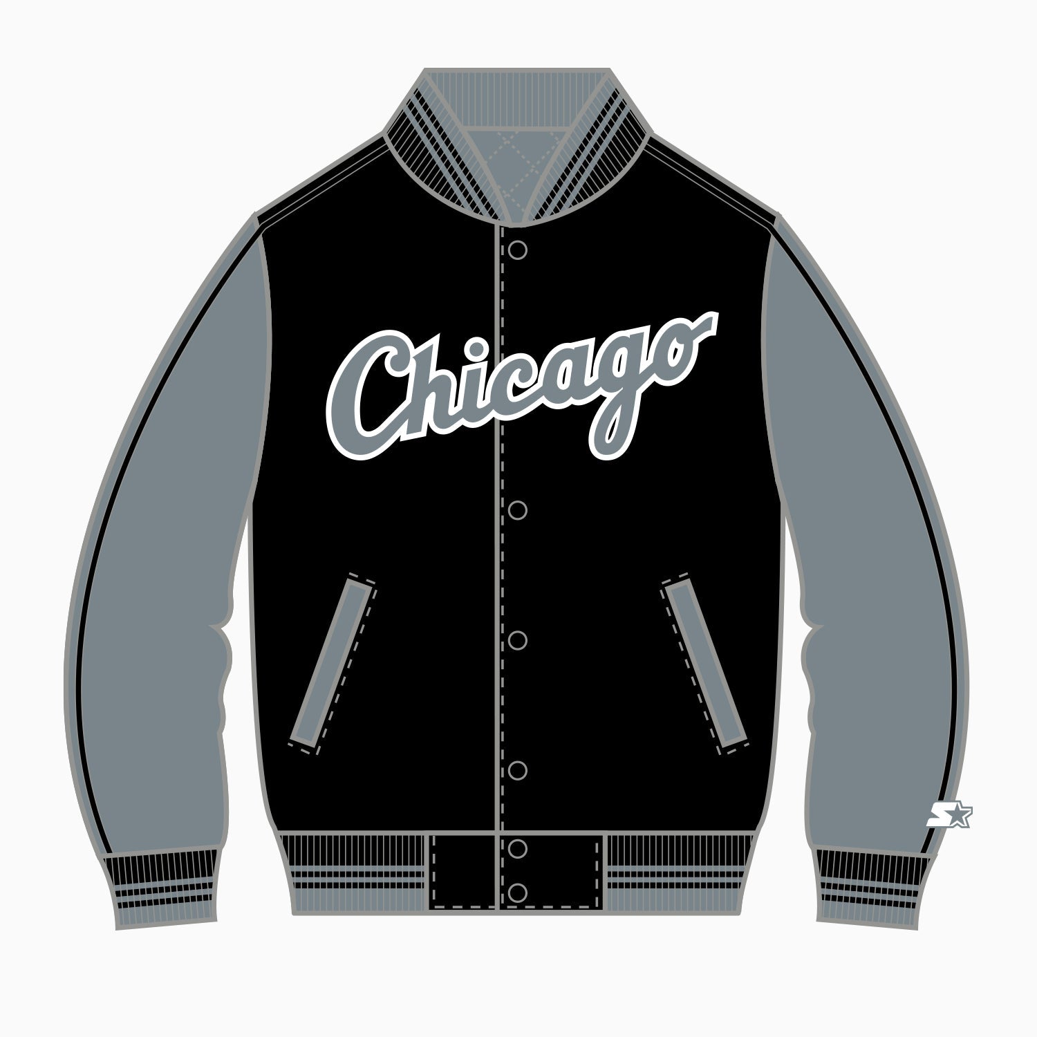 Starter Men's Chicago White Sox MLB Varsity Satin Jacket - Color: Black Dark Grey - Tops and Bottoms USA -