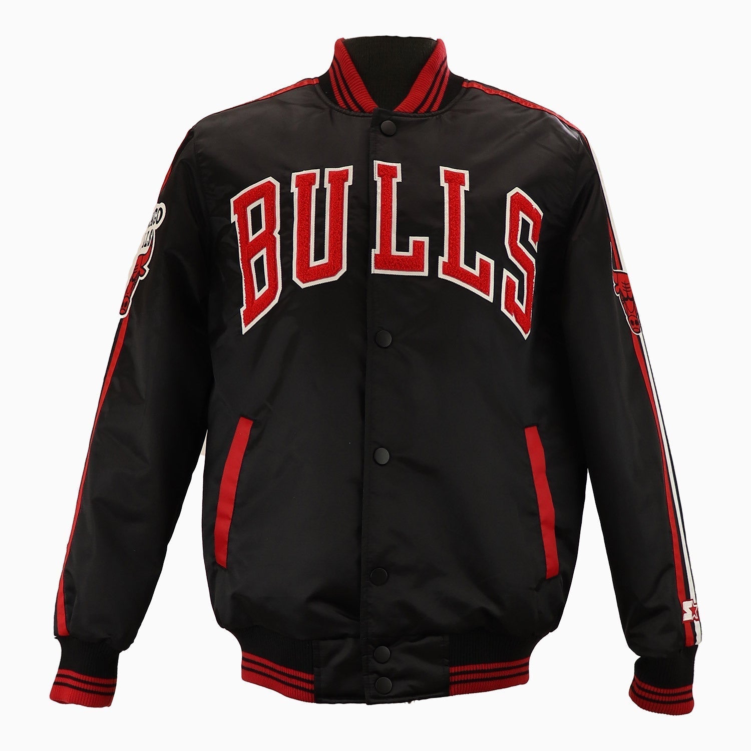 Starter Men's Chicago Bulls NBA Varsity Satin Jacket - Color: Black - Tops and Bottoms USA -