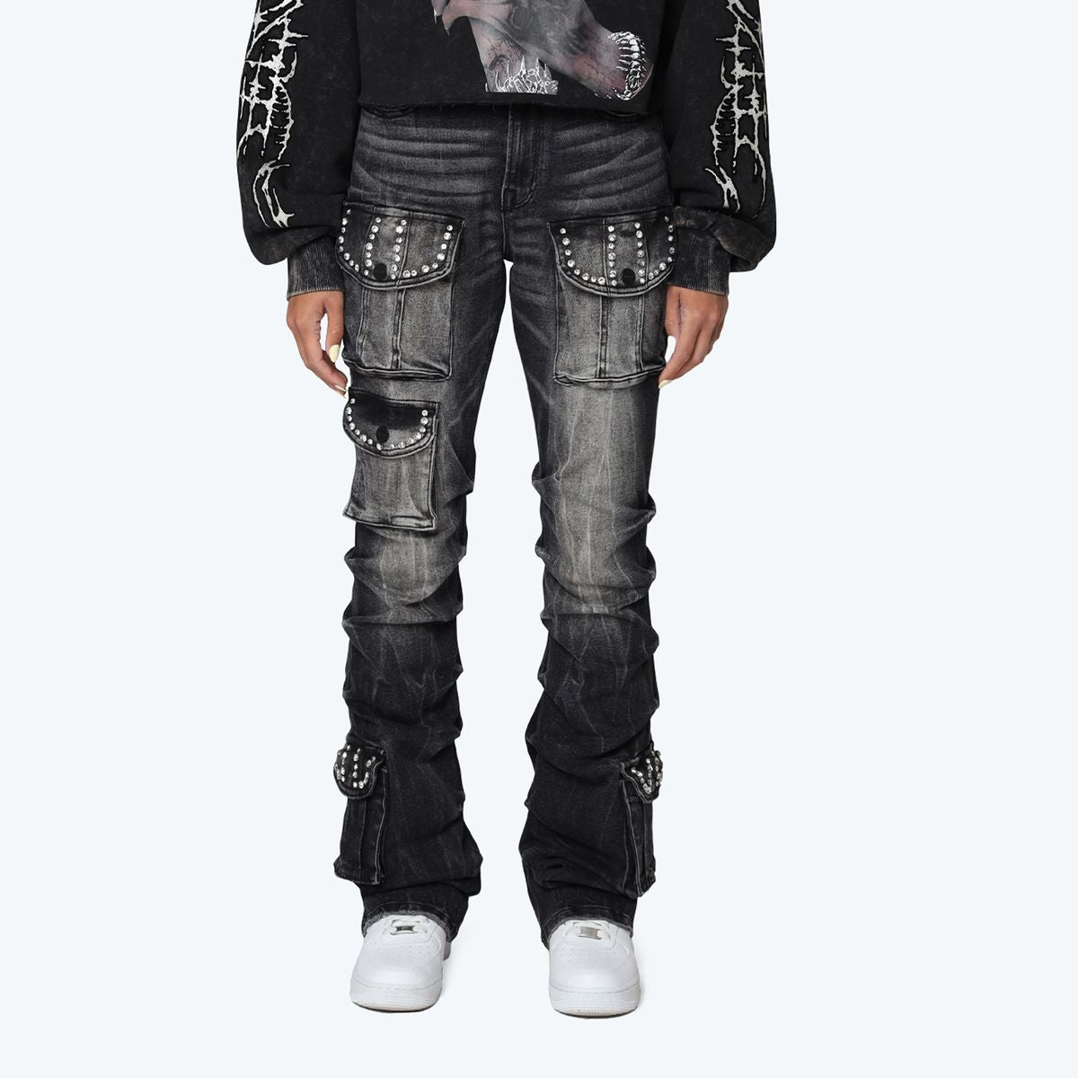 Women's High Rise Rhinestone Stacked Jeans Pant