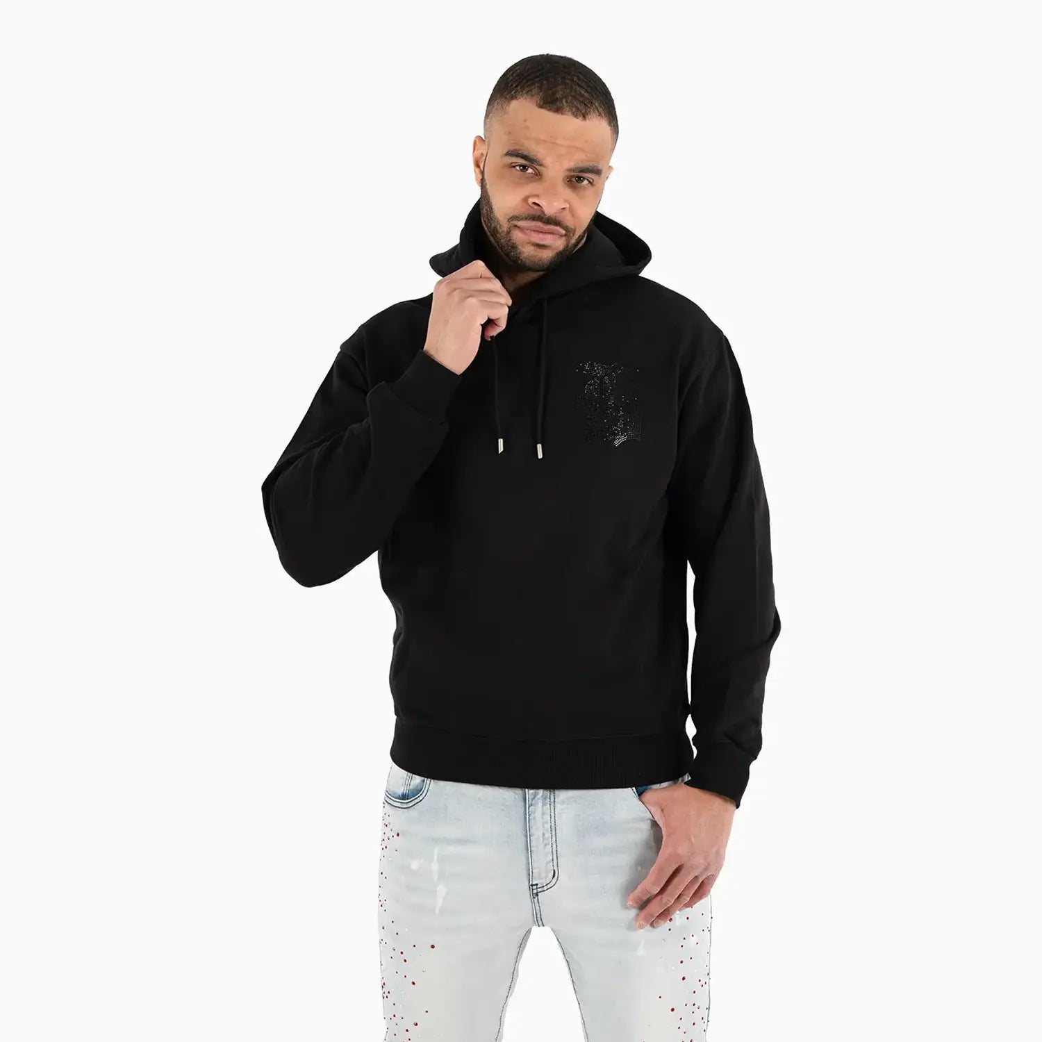 Men's B Logo Rhinestone Pull Over Hoodie Black Label - Tops and Bottoms USA