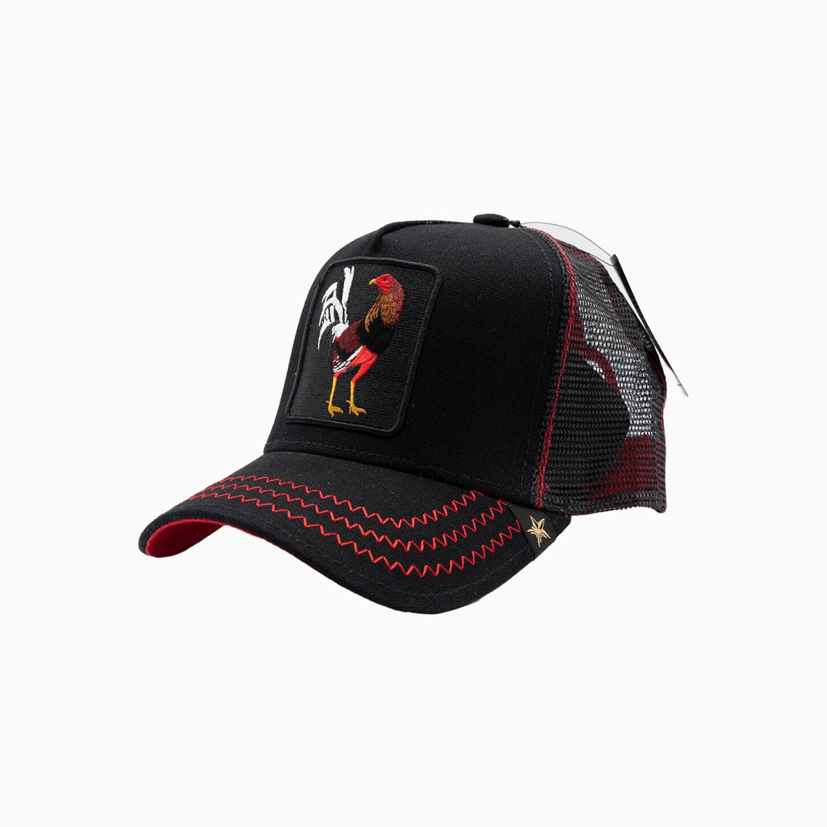 gold-star-hats-the-rooster-black-red-trucker-hat-gs1013-black