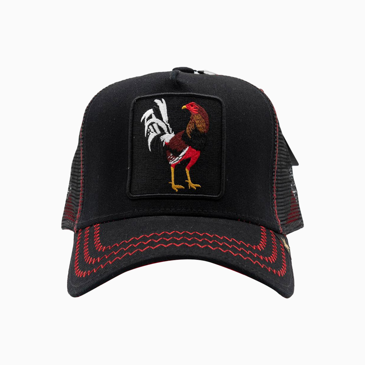gold-star-hats-the-rooster-black-red-trucker-hat-gs1013-black
