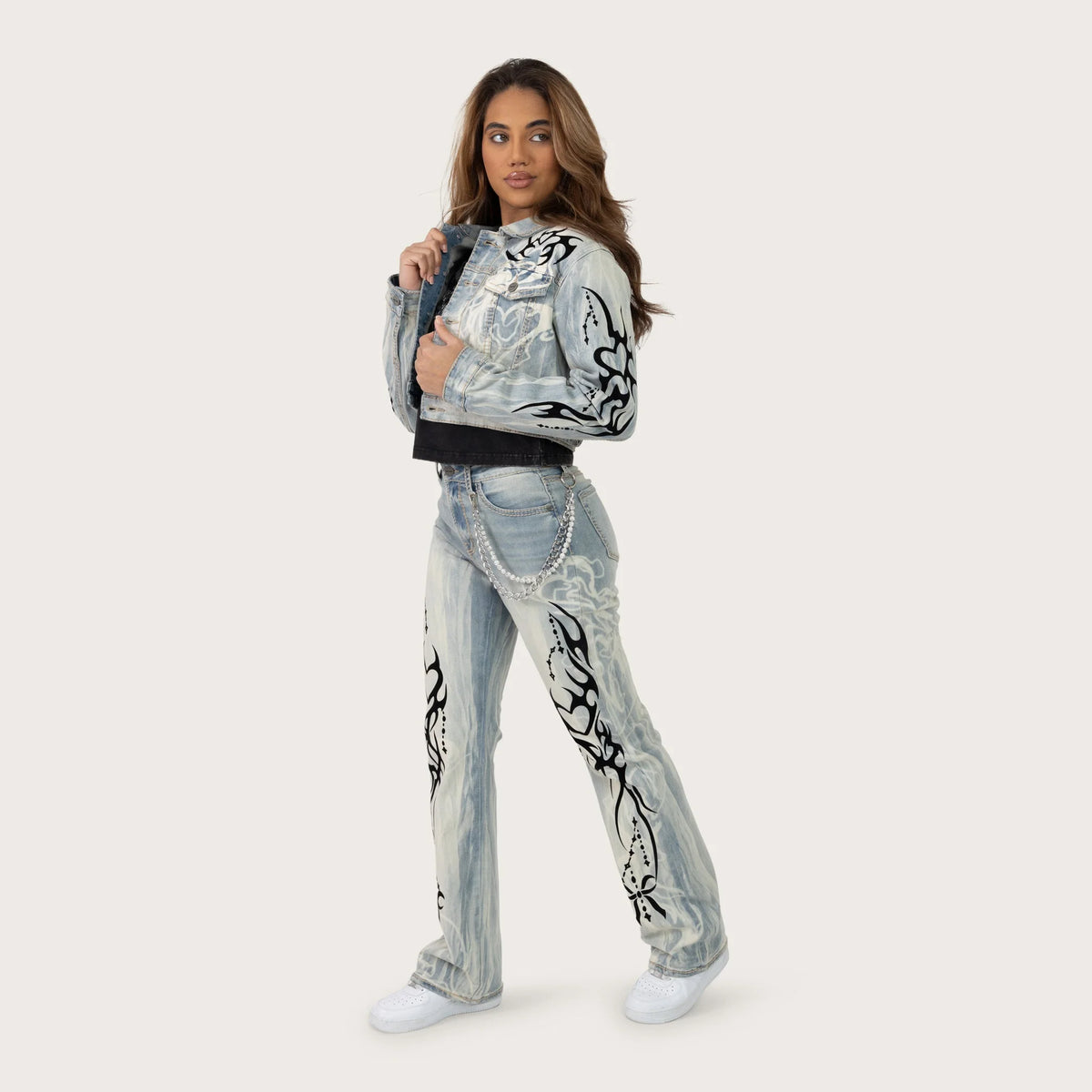 Women's Flock Denim Flame Streetwear Set