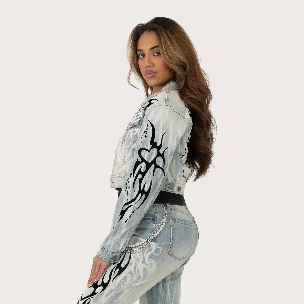 Women's Flock Denim Flame Streetwear Set