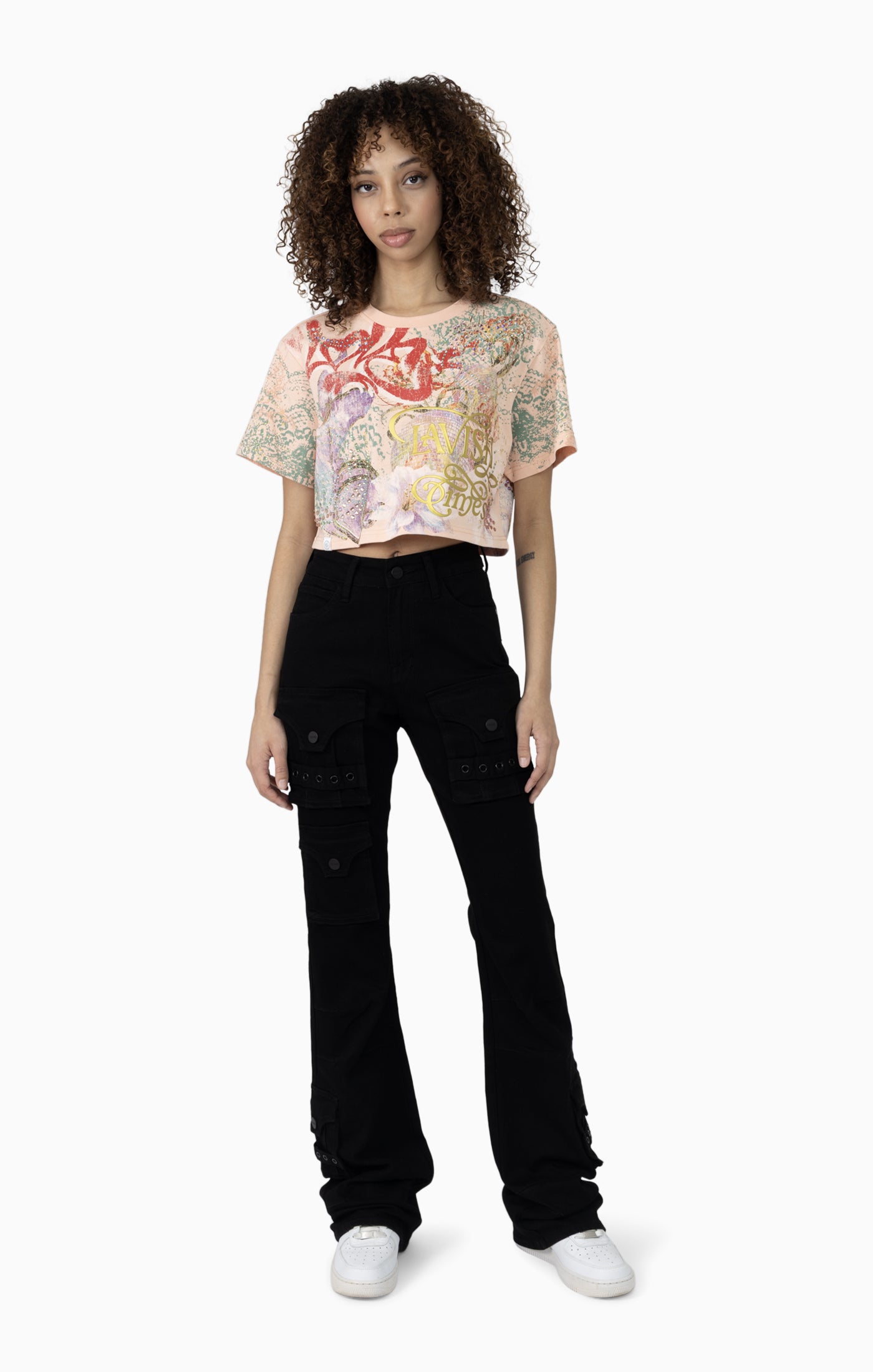 Women's Graphic Print Crop Top and Flared Cargo Pant Outfit