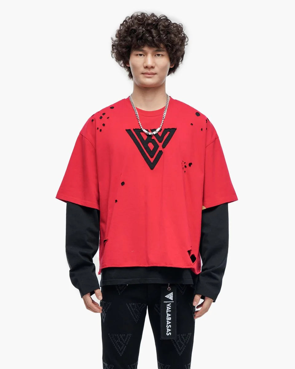 Men's Distressed Red Layered T-Shirt