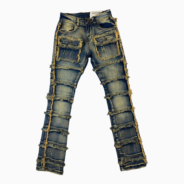 【HI FI FNK】Sei Dart Washed Denim Dark Blue + Yellow Stitching High Waisted Wide Leg N.O.W