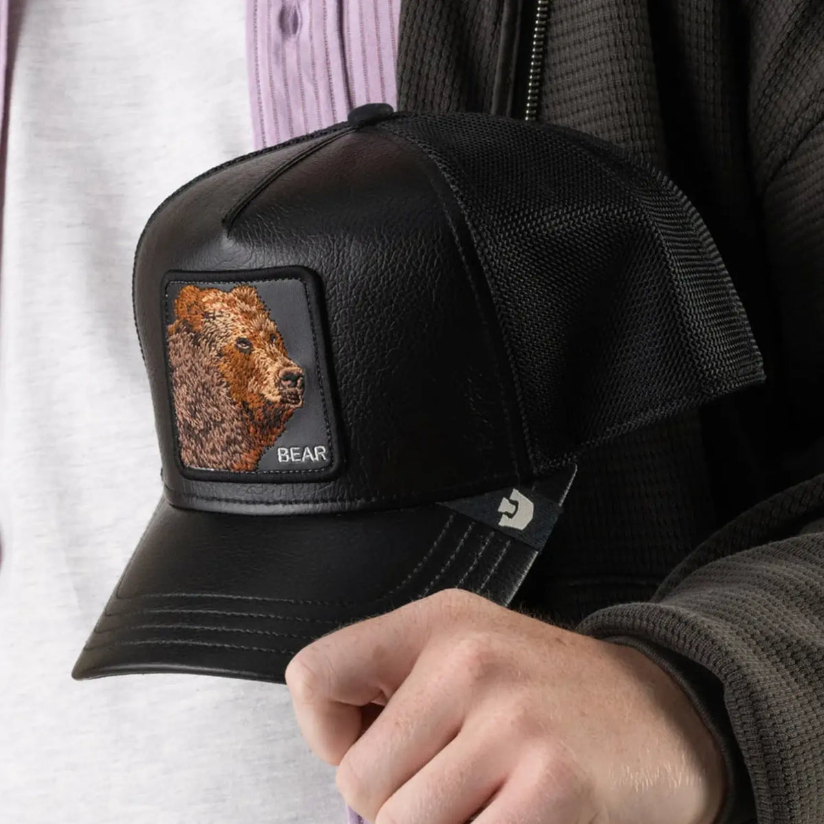 Faux Leather Bear Trucker Hat
