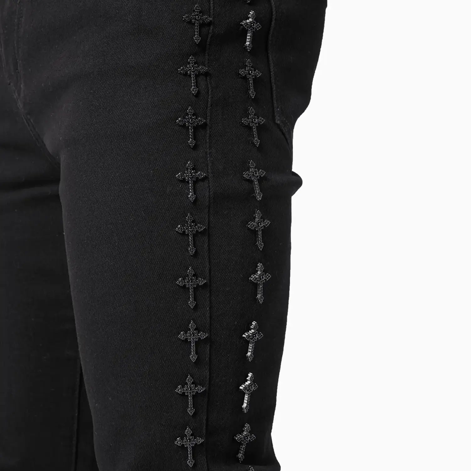 Guapi Men's All Black Crosses Embellished Denim Pant Guapi Men's All Black Crosses Embellished Denim Pant