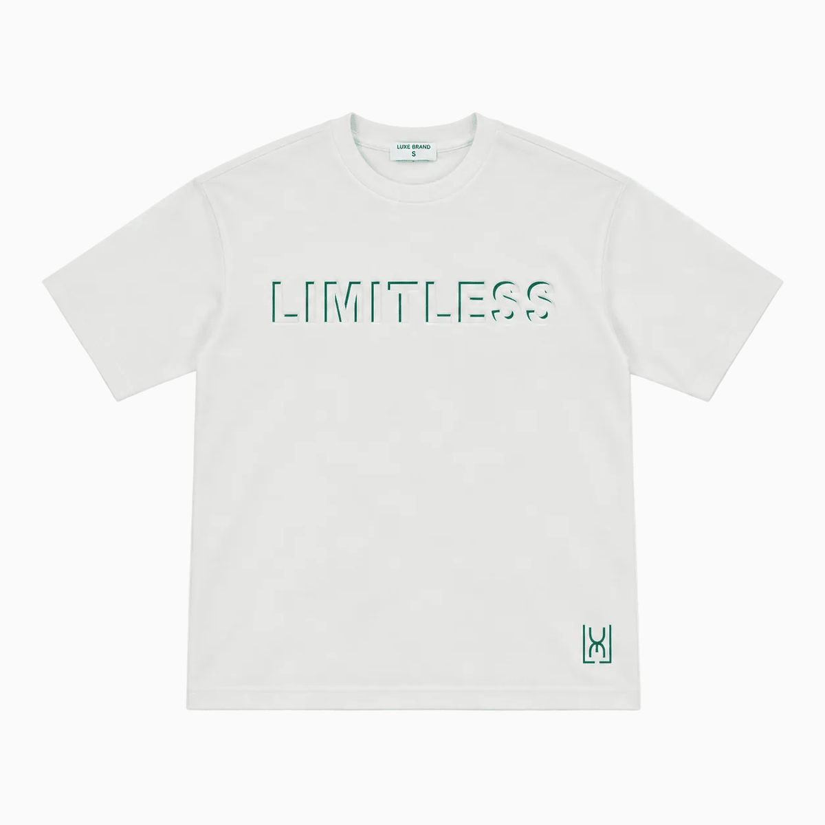 A white short-sleeve crewneck t-shirt with 'LIMITLESS' printed across the chest in a green outline font, and a small green logo on the bottom right hem, shown on a light gray background.