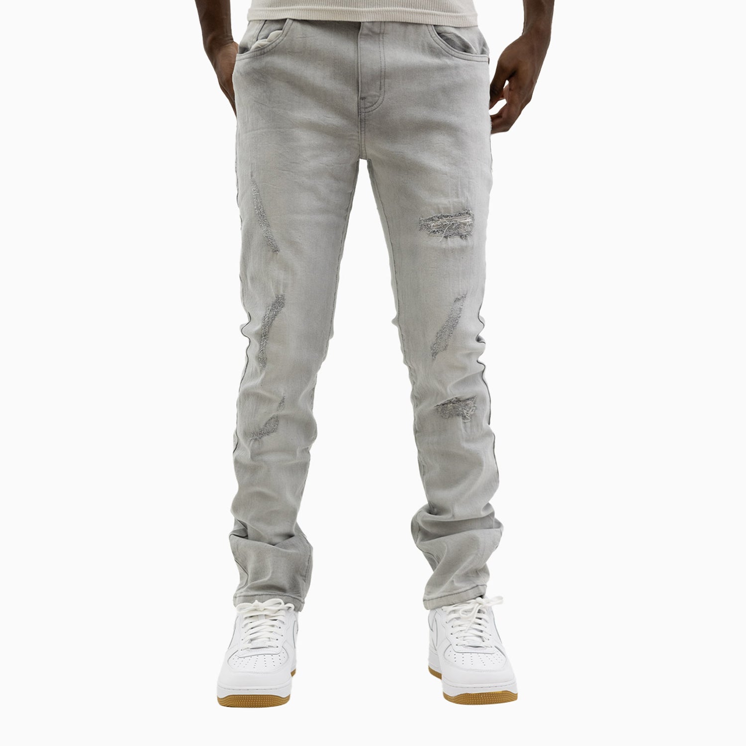 Men's Savar Ice Grey Slim Denim Ripped Jeans Pant