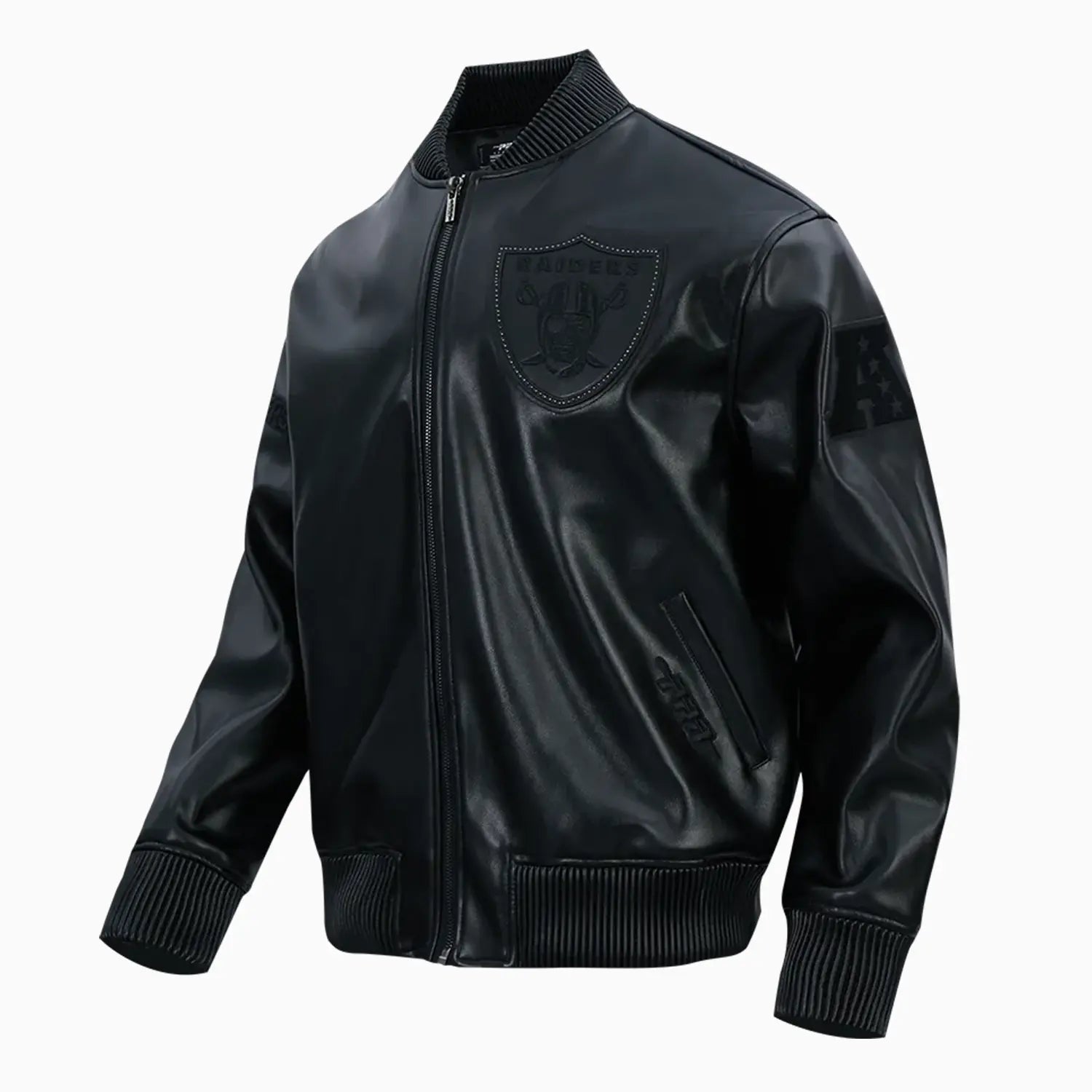 Men's Las Vegas Raiders Blackout Leather Varsity Jacket Pro Standard - Tops and Bottoms USA