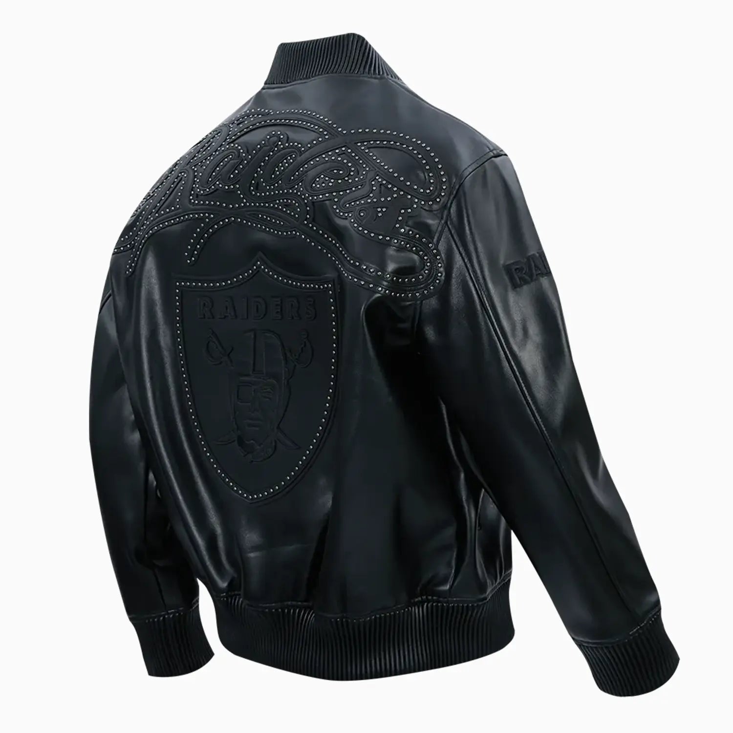 Men's Las Vegas Raiders Blackout Leather Varsity Jacket Pro Standard - Tops and Bottoms USA