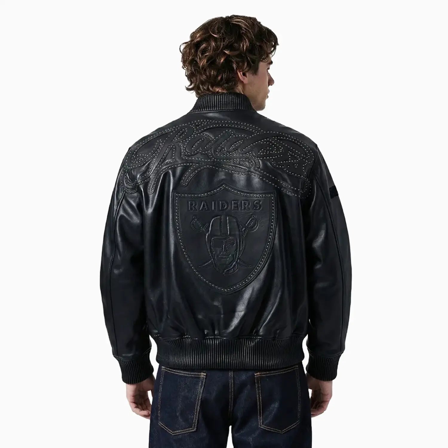 Men's Las Vegas Raiders Blackout Leather Varsity Jacket Pro Standard - Tops and Bottoms USA