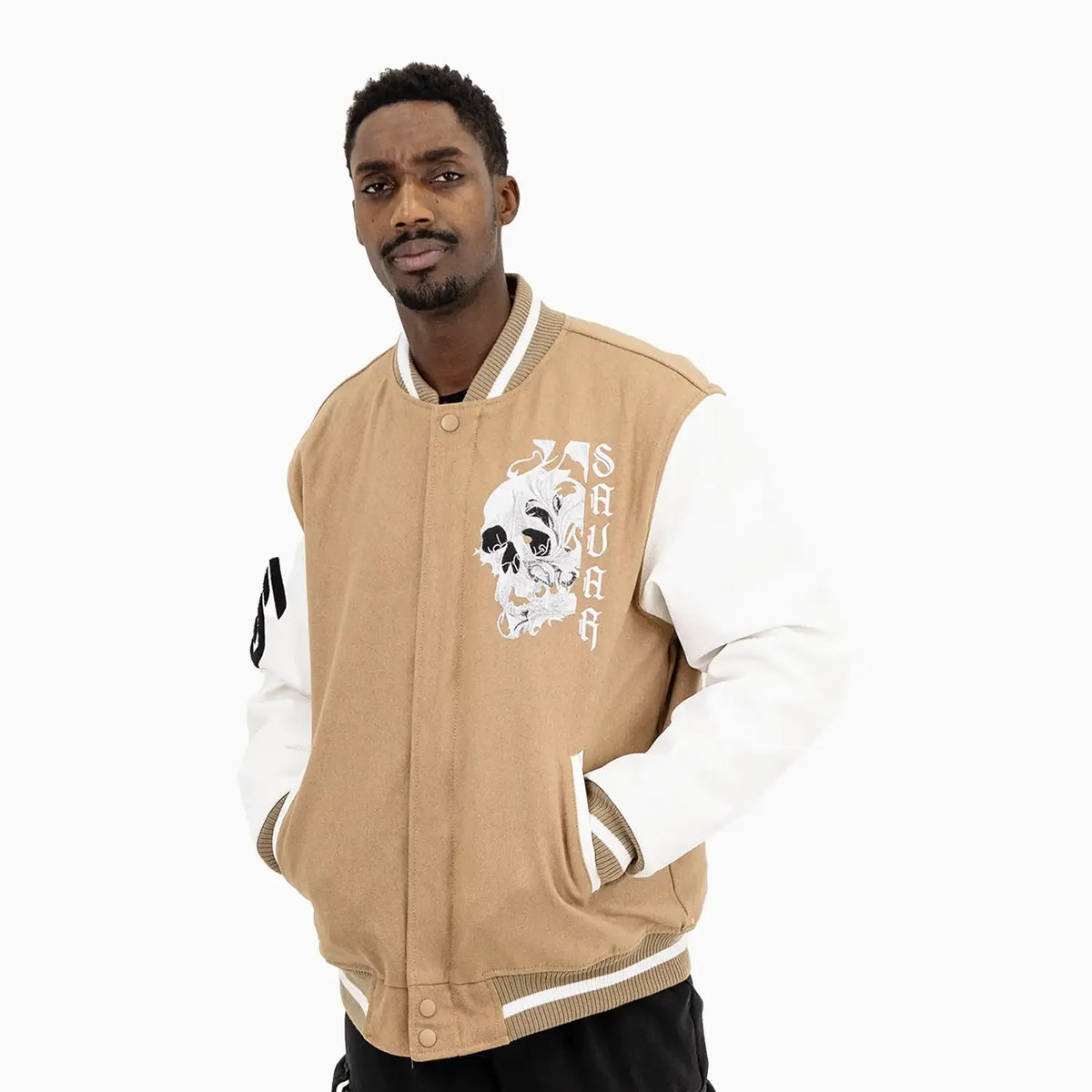 Savar Men's Skull Smoke Wool Varsity Jacket Savar Men's Skull Smoke Wool Varsity Jacket