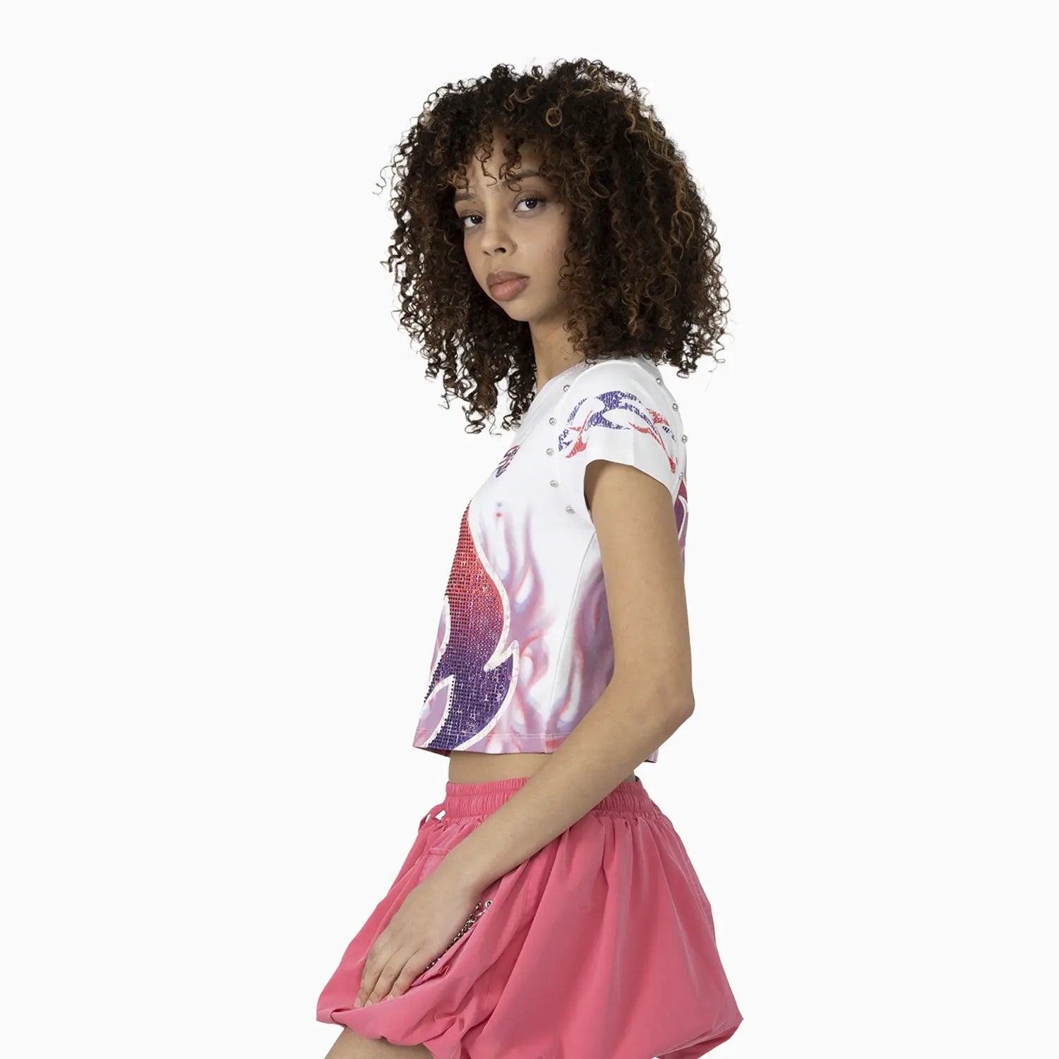 Women's Fitted Rhinestone Cropped T-Shirt and Skirt Outfit Smoke Rise - Tops and Bottoms USA