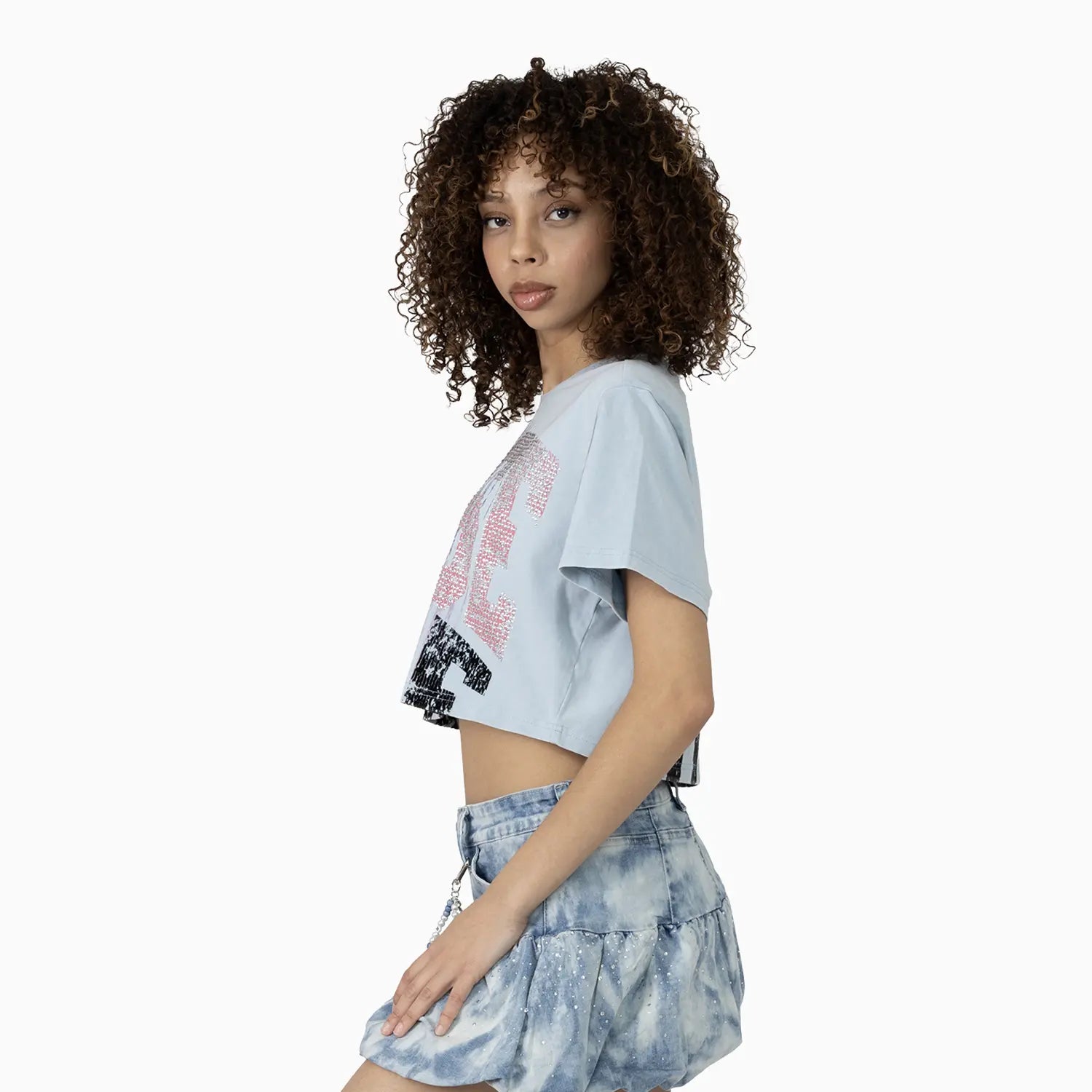 Women's Fitted Rhinestone Cropped T-Shirt and Skirt Outfit Smoke Rise - Tops and Bottoms USA