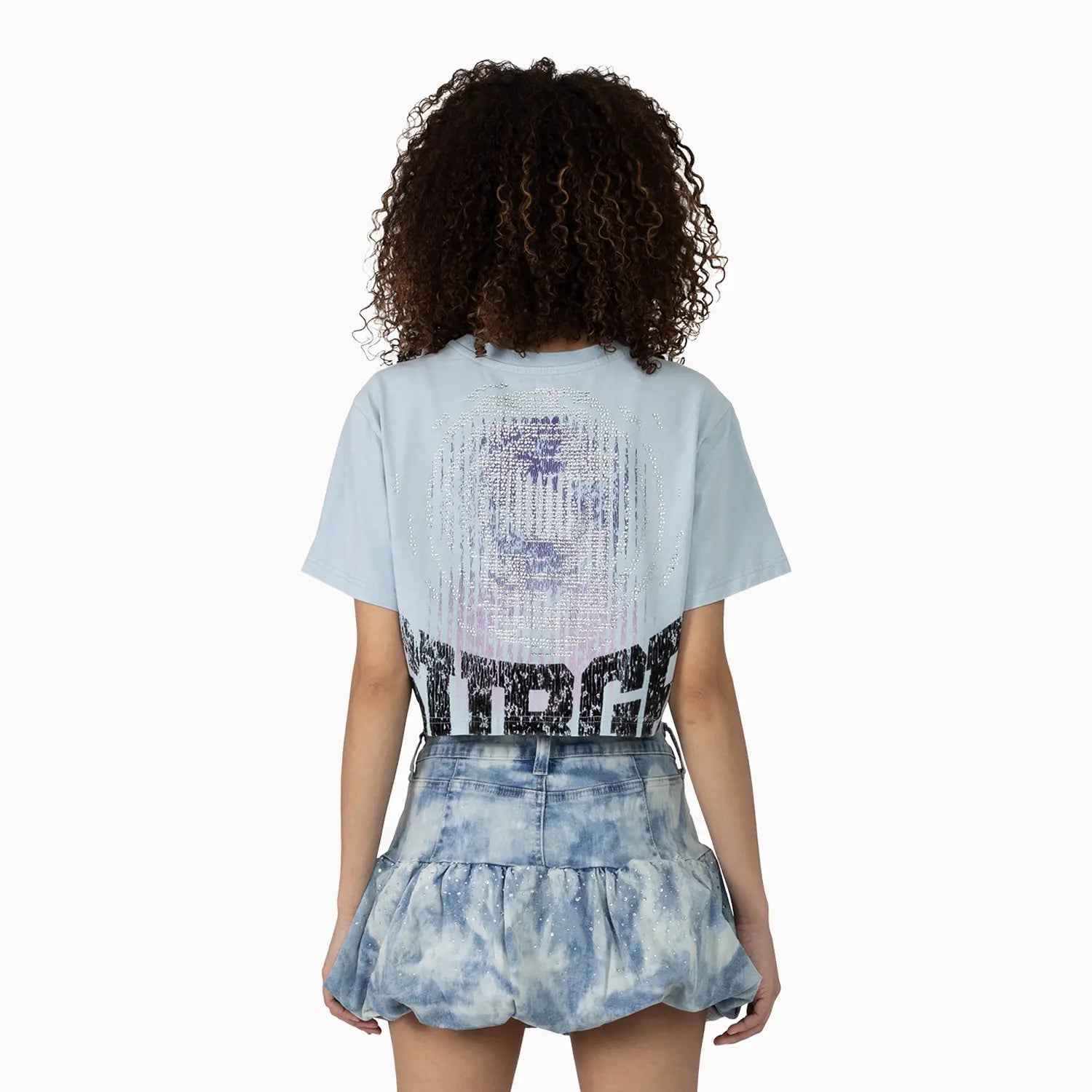 Women's Fitted Rhinestone Cropped T-Shirt and Skirt Outfit Smoke Rise - Tops and Bottoms USA