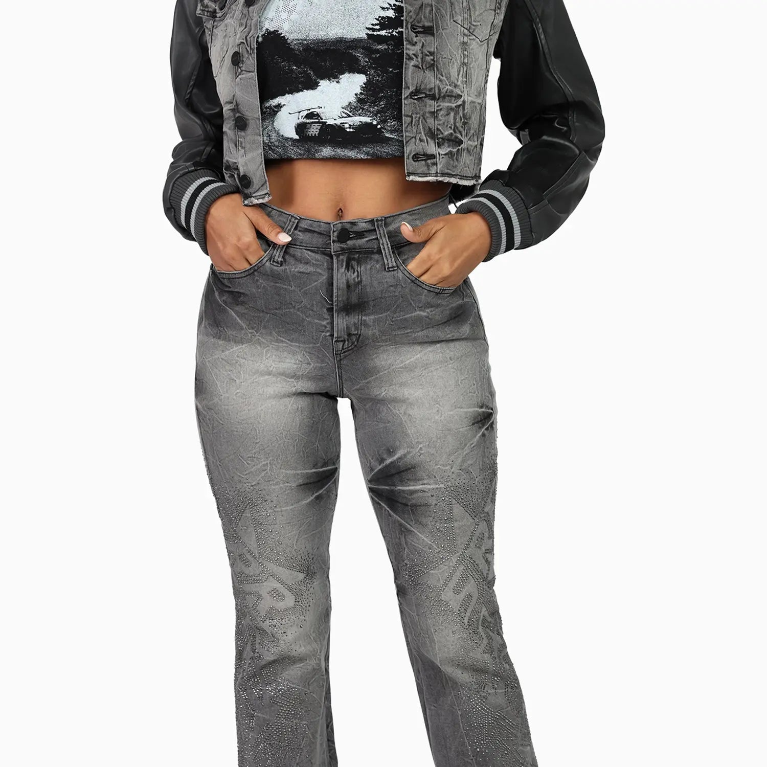 Women's High Rise Rhinestone Stack Jean Pant Smoke Rise - Tops and Bottoms USA