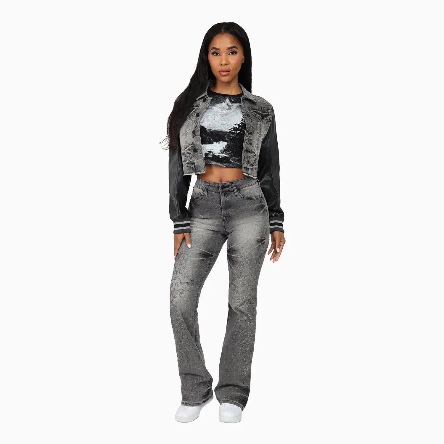 Women's High Rise Rhinestone Stack Jean Pant Smoke Rise - Tops and Bottoms USA