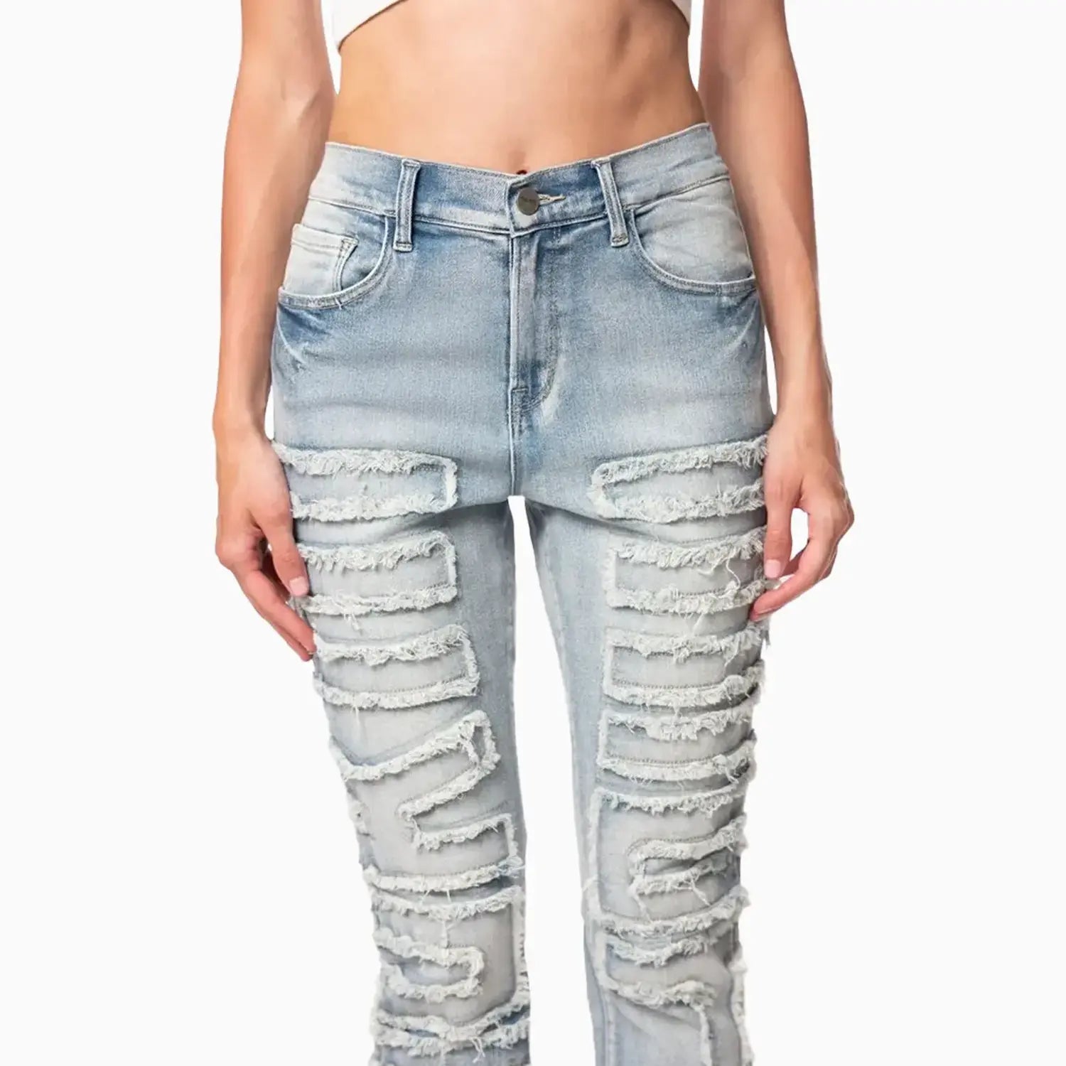 Women's High Rise Stacked Applique Jeans Pant Smoke Rise - Tops and Bottoms USA