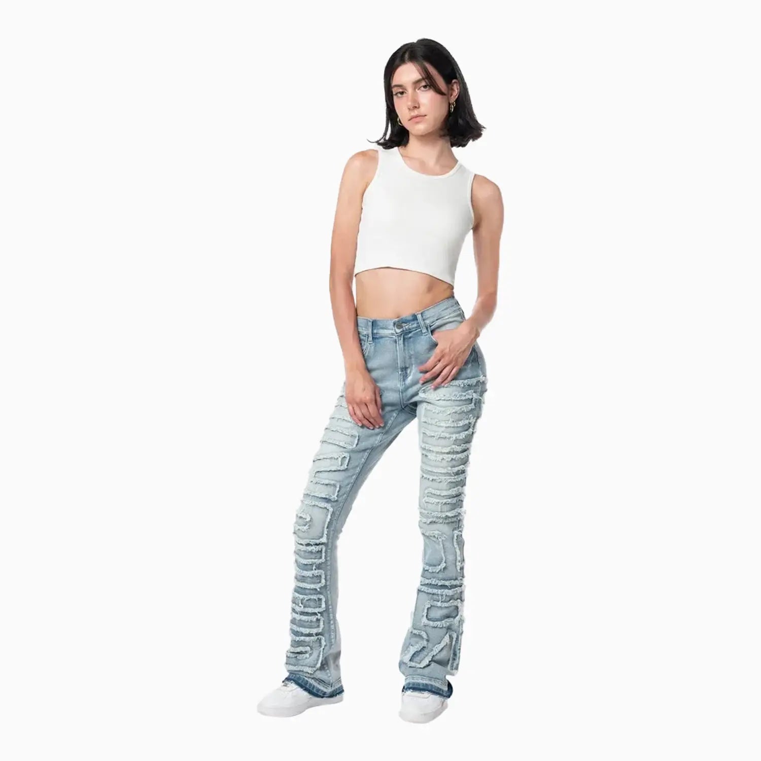 Women's High Rise Stacked Applique Jeans Pant Smoke Rise - Tops and Bottoms USA