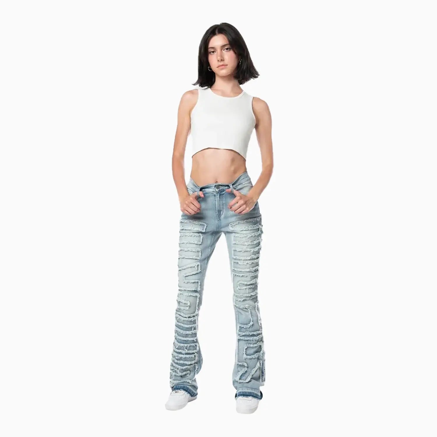 Women's High Rise Stacked Applique Jeans Pant Smoke Rise - Tops and Bottoms USA