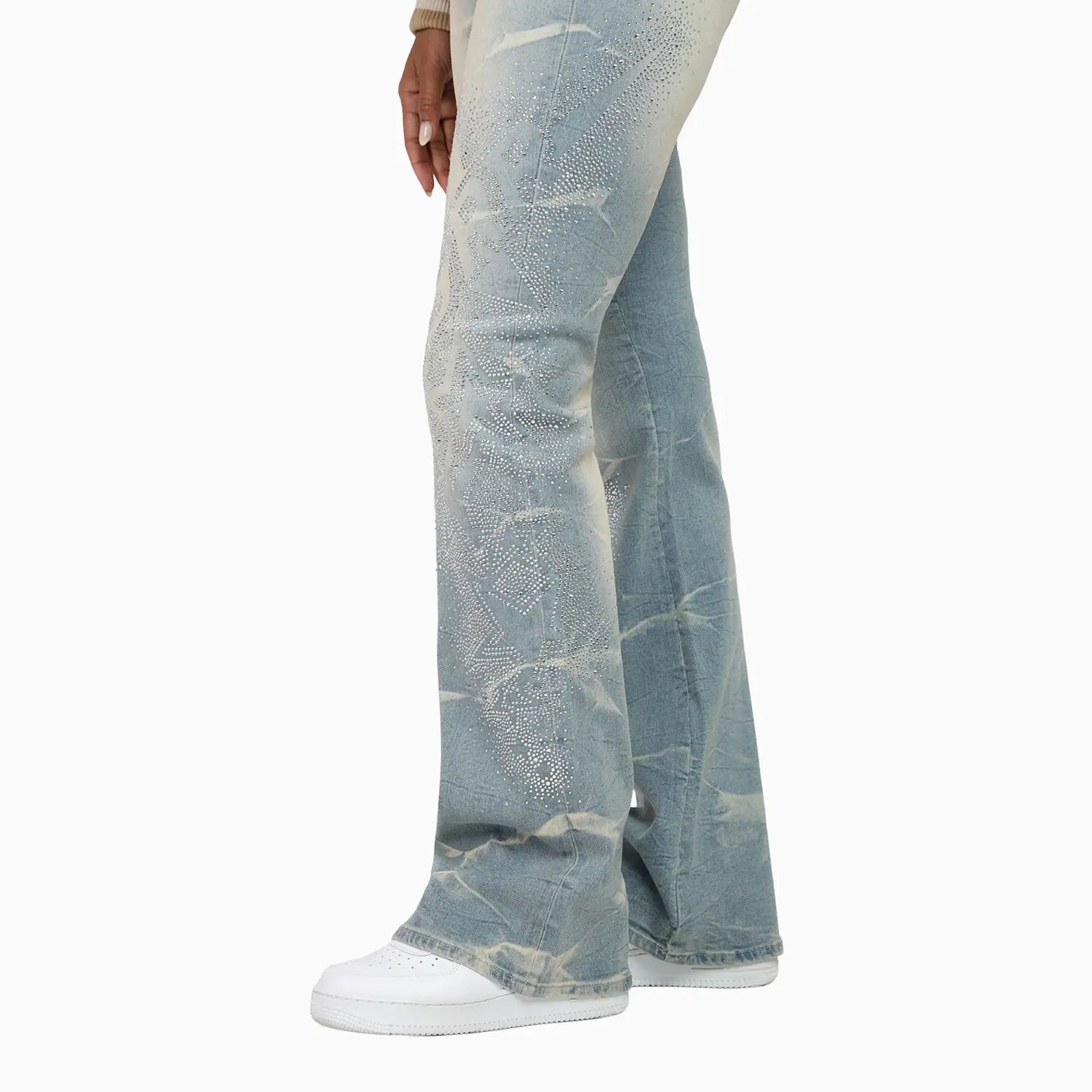 Women's Rhinestone Crop Top and Stack Jean Pant Outfit Smoke Rise - Tops and Bottoms USA