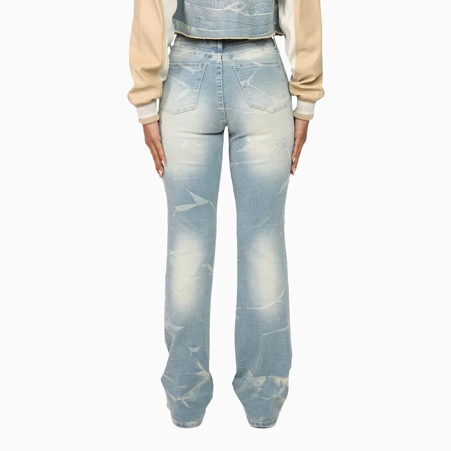 Women's Rhinestone Crop Top and Stack Jean Pant Outfit Smoke Rise - Tops and Bottoms USA