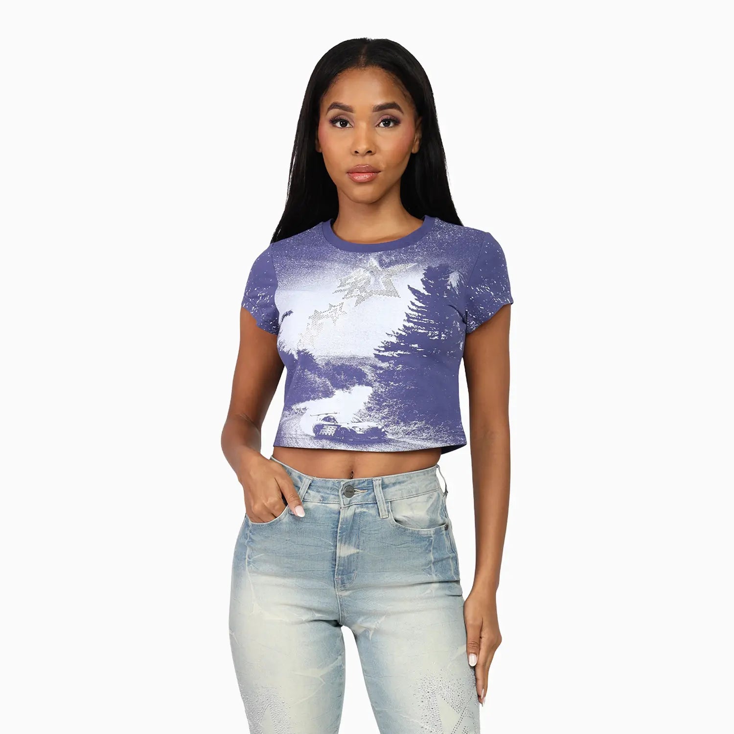 Women's Rhinestone Crop Top and Stack Jean Pant Outfit Smoke Rise - Tops and Bottoms USA