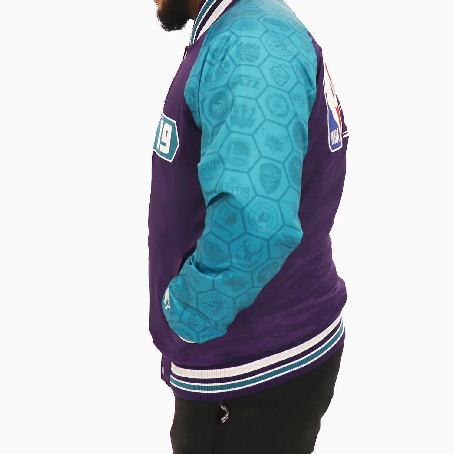 Starter Men's NBA Charlotte Hornets All Star Varsity Satin Jacket - Color: Blue - Tops and Bottoms USA -