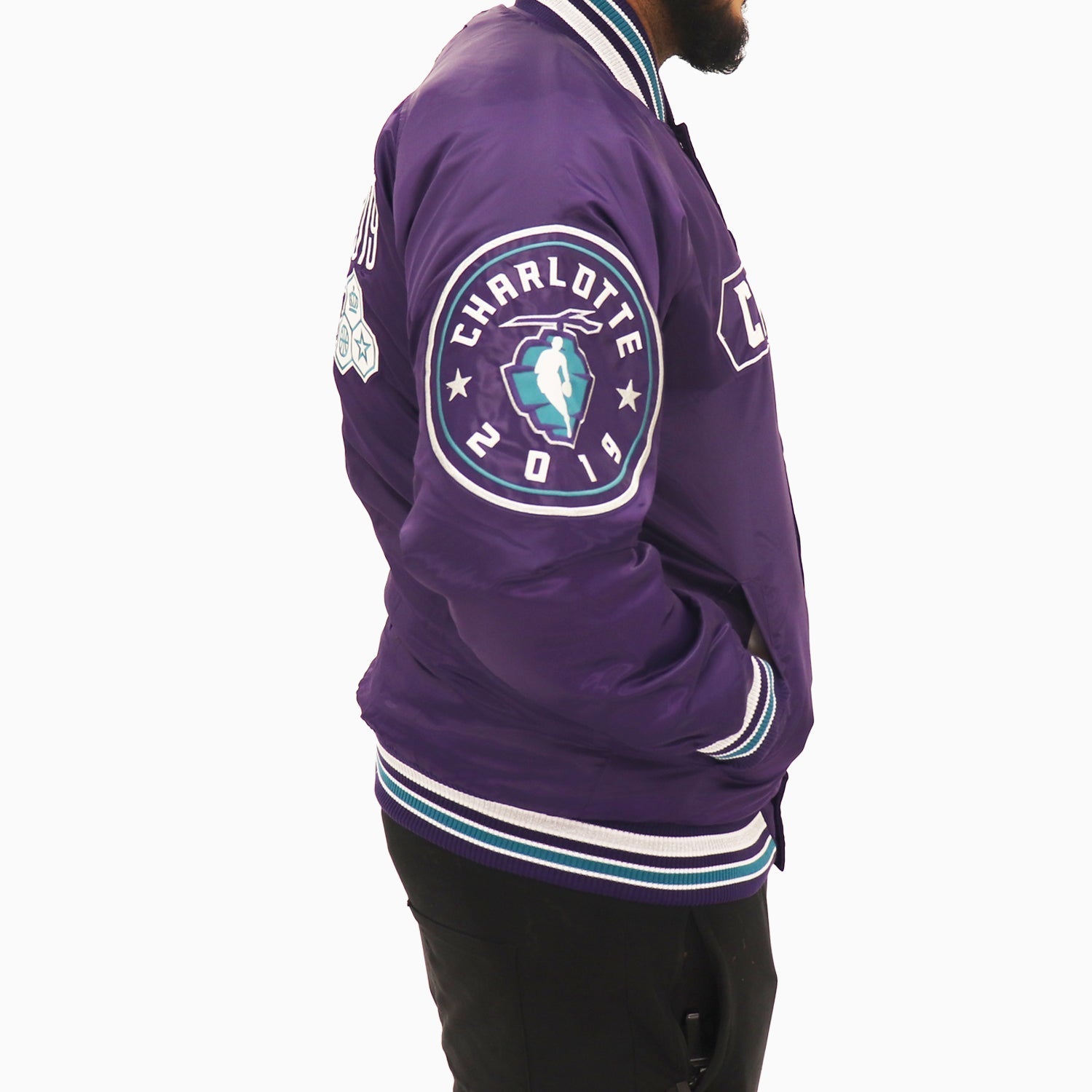 Starter Men's NBA Charlotte Hornets All Star Varsity Satin Jacket - Color: Blue - Tops and Bottoms USA -