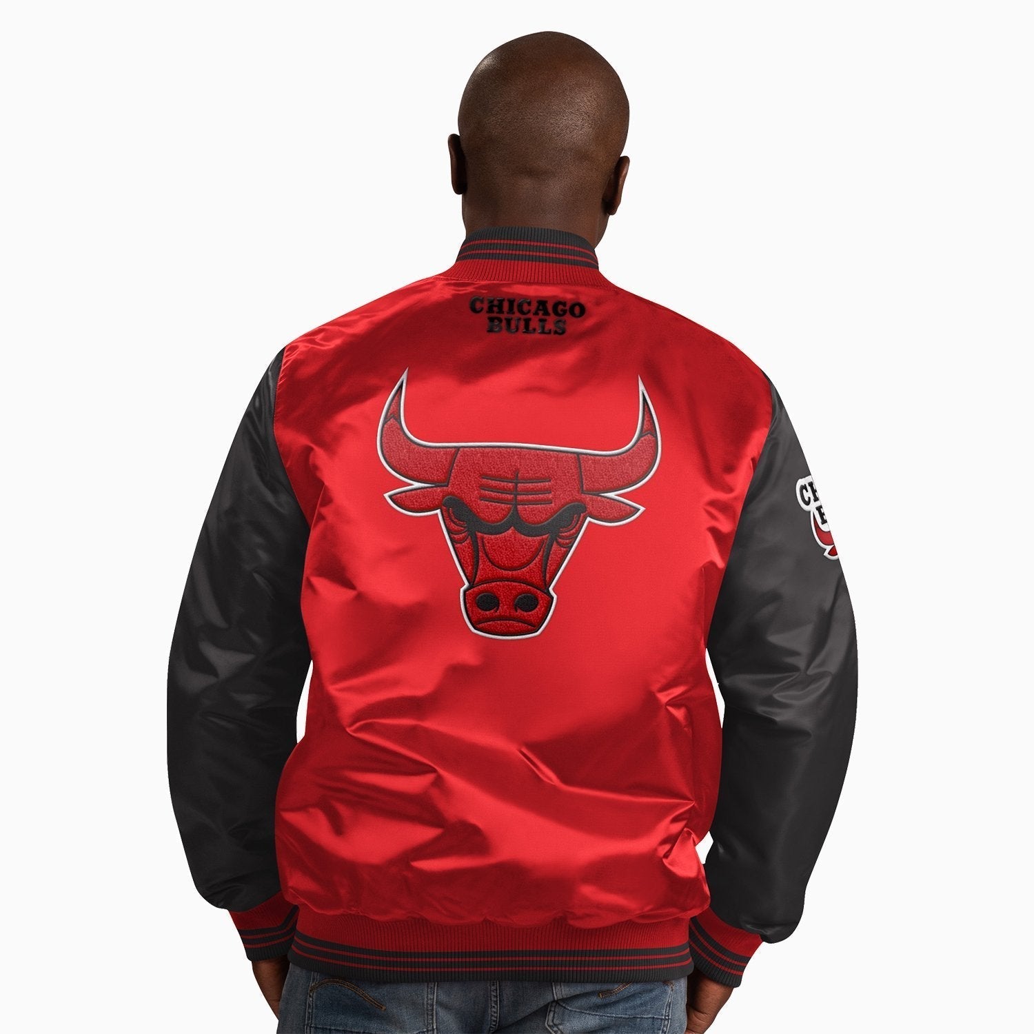 Starter Men's Chicago Bulls NBA Varsity Satin Red Jacket - Color: Red Black - Tops and Bottoms USA -