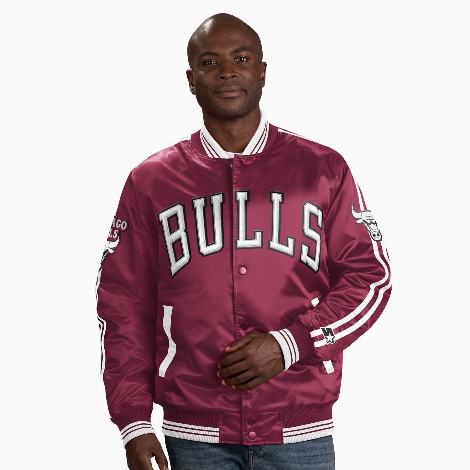 Starter Men's Chicago Bulls NBA Varsity Satin Jacket - Color: Burgundy - Tops and Bottoms USA -