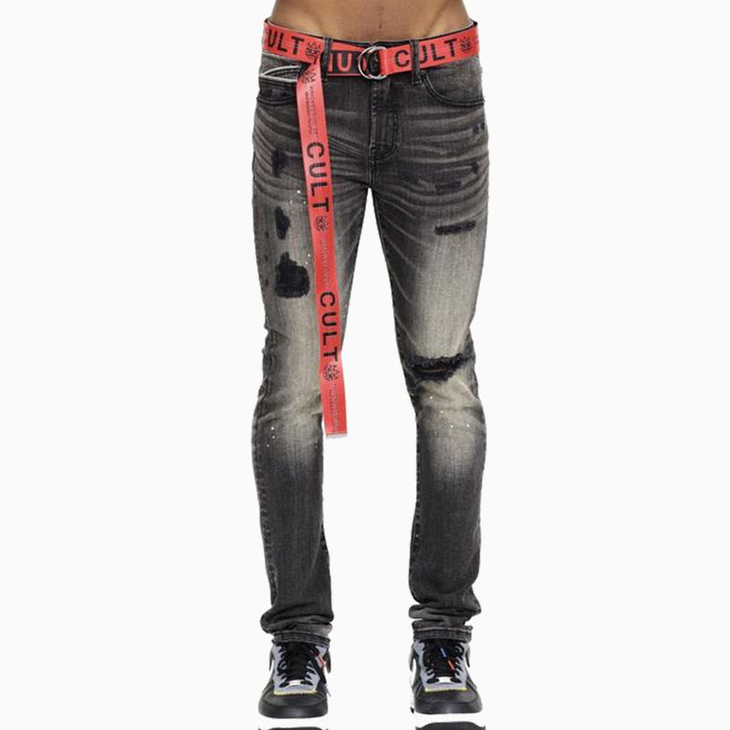 Cult of Individuality Men's Punk Super Skinny Belted Denim Jeans