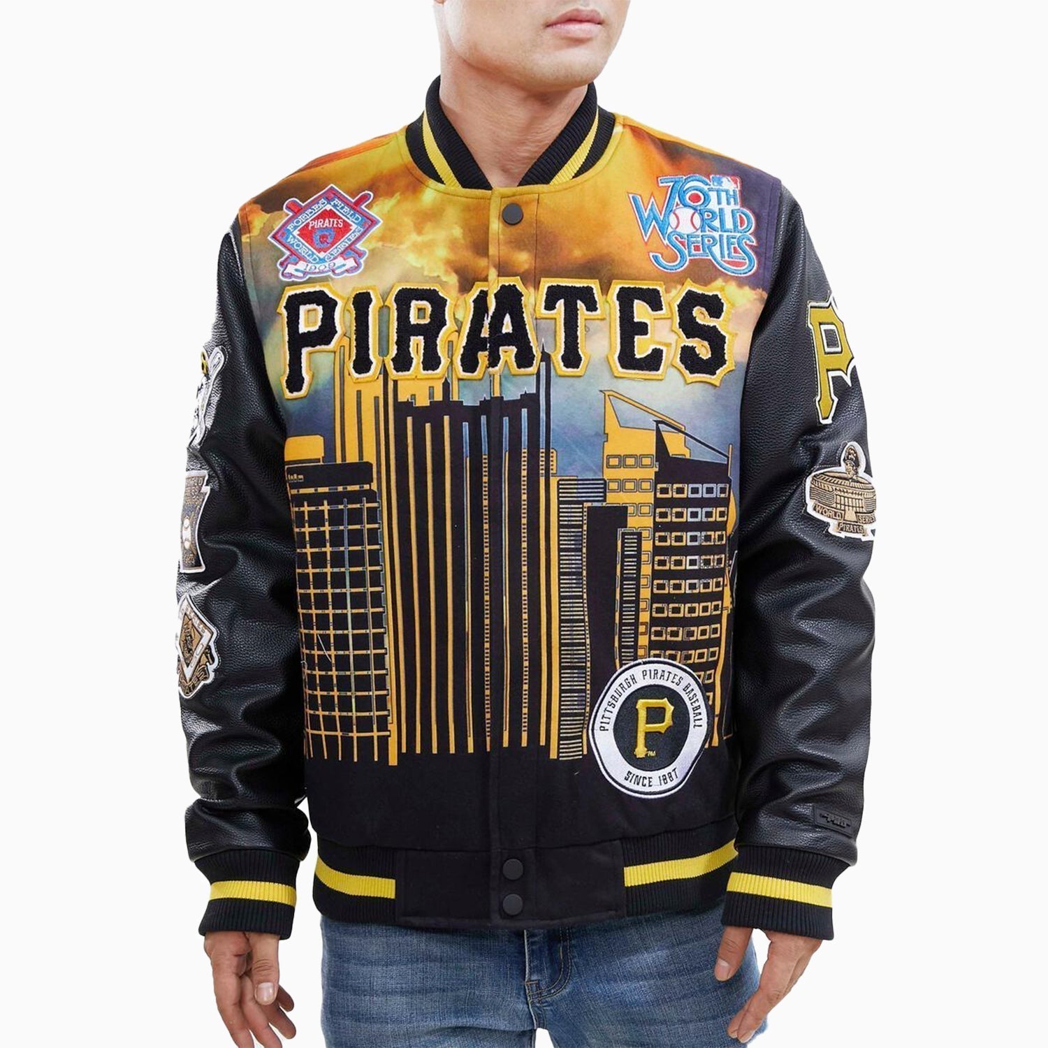 Pro Standard Men's Pittsburgh Pirates Remix Varsity Jacket - Color: Black Yellow - Tops and Bottoms USA -