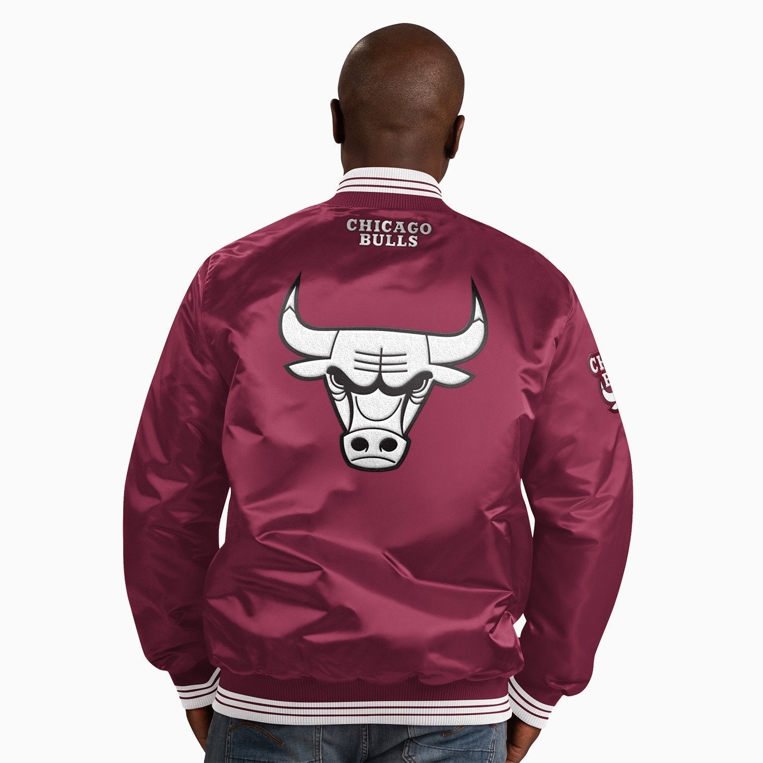 Starter Men's Chicago Bulls NBA Varsity Satin Jacket - Color: Burgundy - Tops and Bottoms USA -