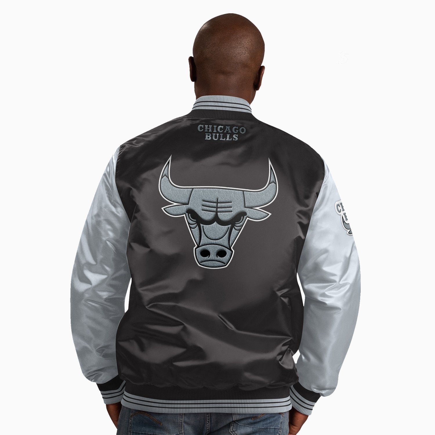 Starter Men's Chicago Bulls NBA Varsity Satin Jacket - Color: Black Dark Grey - Tops and Bottoms USA -