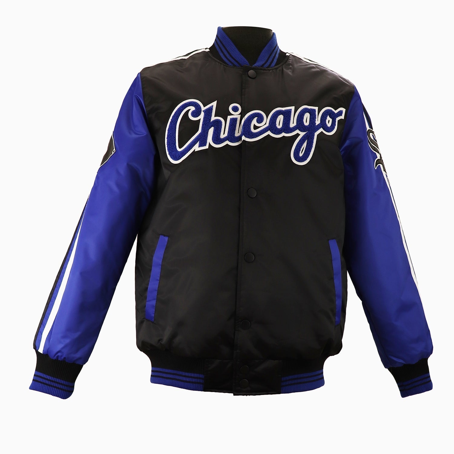 Starter Men's Chicago White Sox Varsity Satin Jacket MLB - Color: Blue Black - Tops and Bottoms USA -