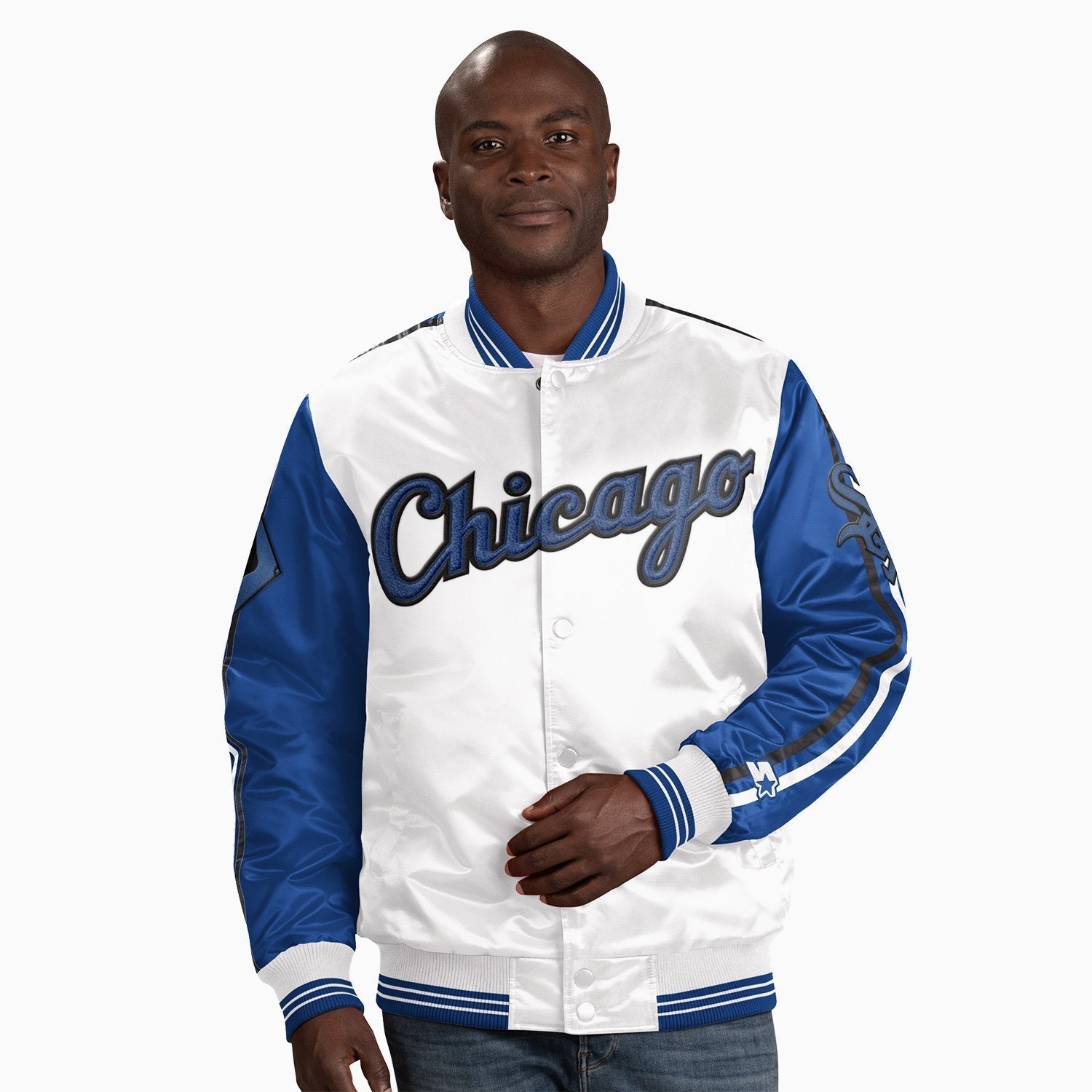 Starter Men's Chicago White Sox MLB Varsity Satin Jacket - Color: Blue White - Tops and Bottoms USA -