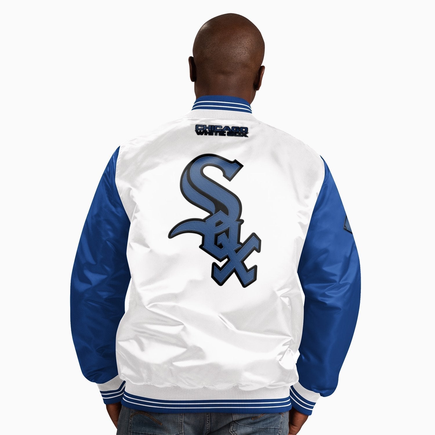 Starter Men's Chicago White Sox MLB Varsity Satin Jacket - Color: Blue White - Tops and Bottoms USA -
