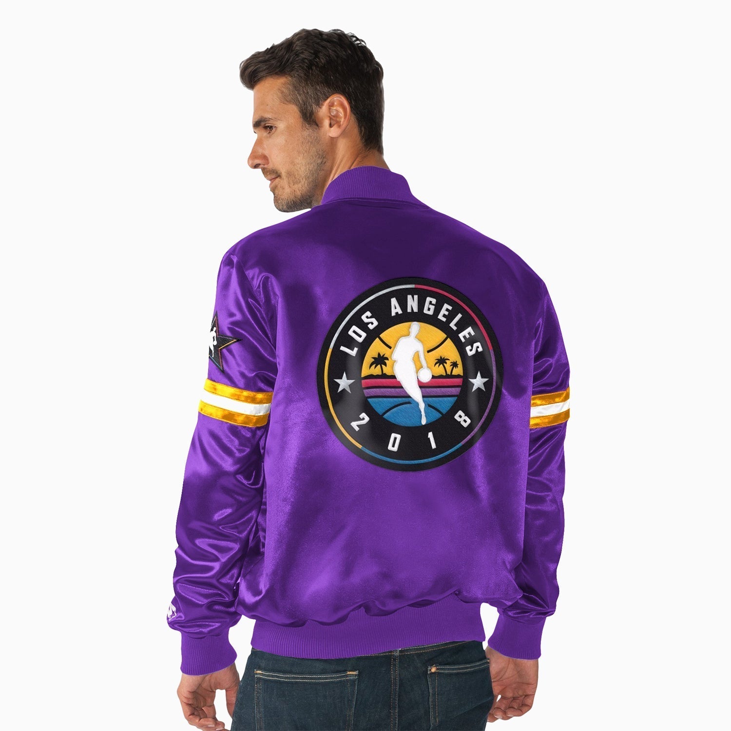 Starter Men's NBA All Star Varsity Satin Jacket - Color: Purple Yellow White - Tops and Bottoms USA -