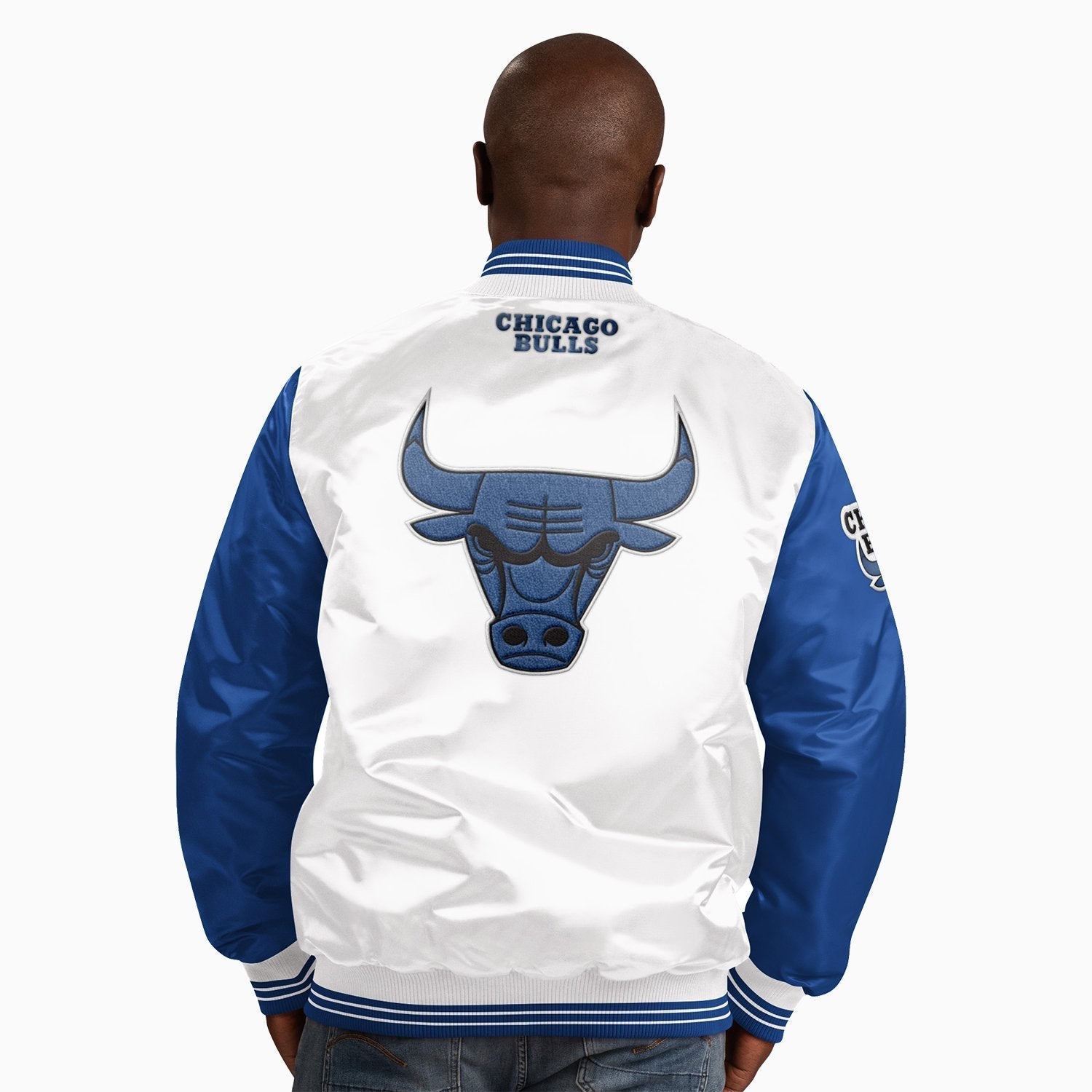 Starter Men's Chicago Bulls NBA Varsity Satin Jacket - Color: Royal - Tops and Bottoms USA -