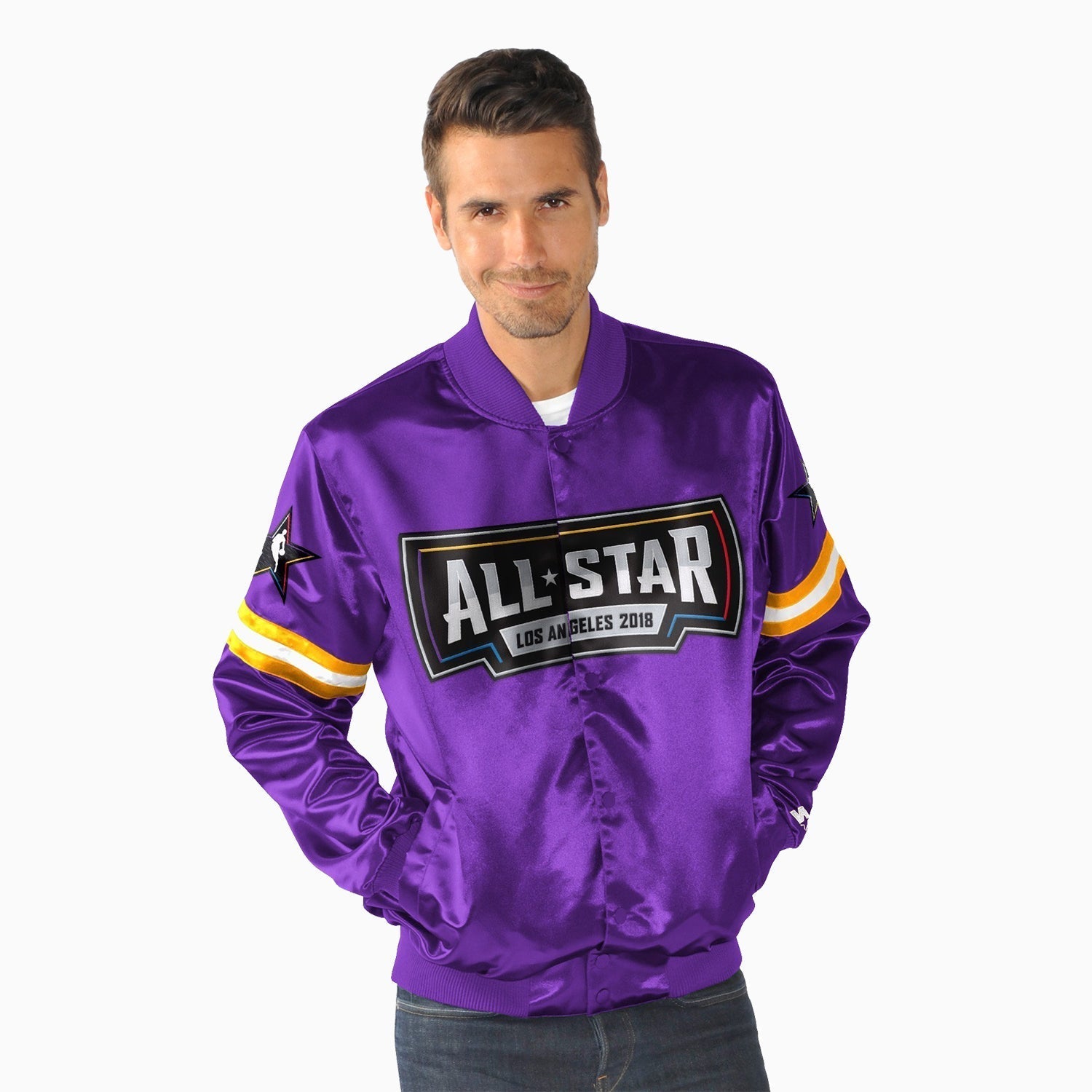 Starter Men's NBA All Star Varsity Satin Jacket - Color: Purple Yellow White - Tops and Bottoms USA -
