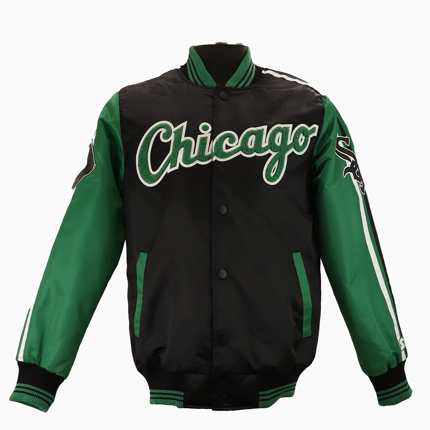 Starter Men's Chicago White Sox MLB Varsity Satin Jacket - Color: Green - Tops and Bottoms USA -