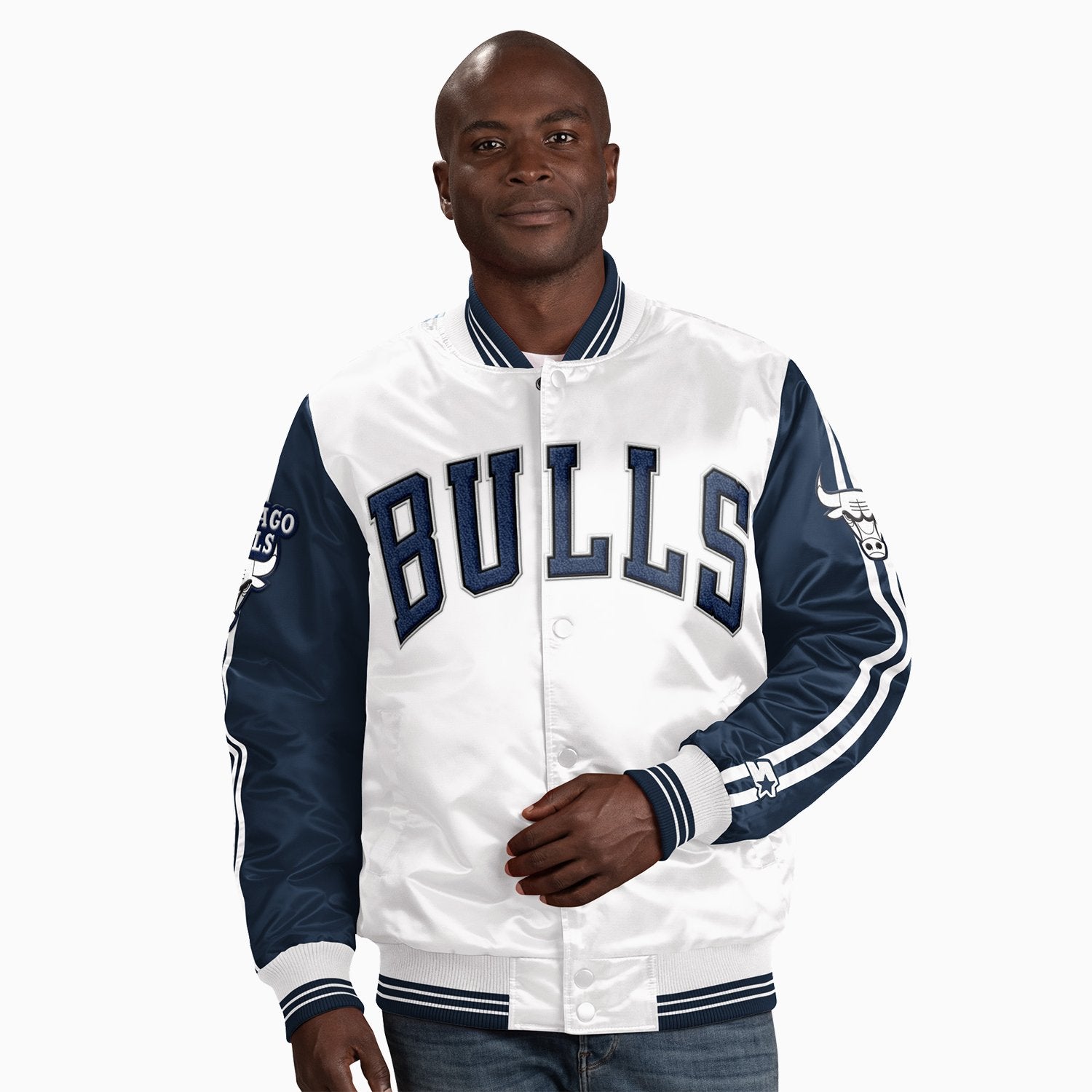 Starter Men's Chicago Bulls NBA Varsity Satin Jacket - Color: Navy - Tops and Bottoms USA -